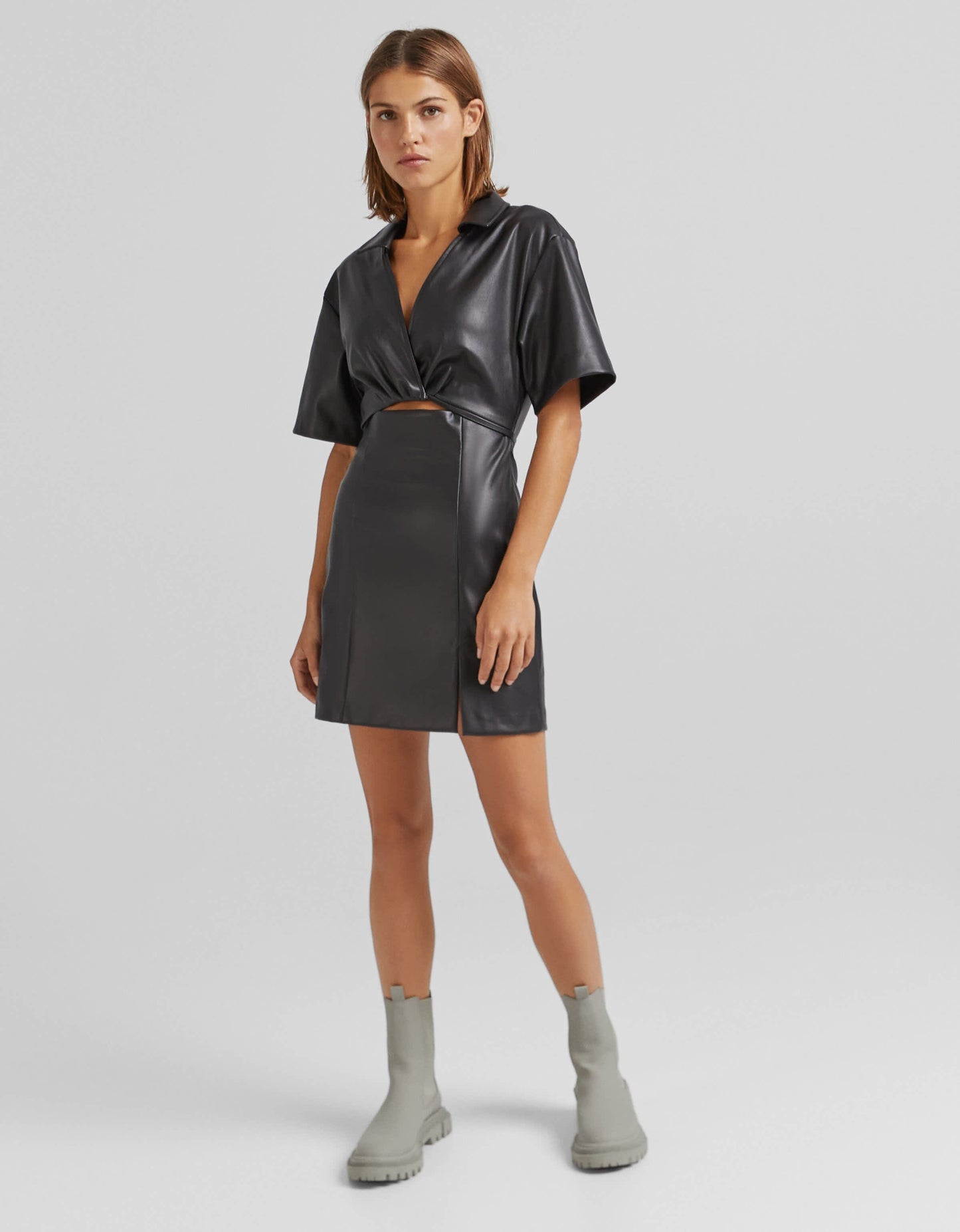 Bershka tie detail PU mini shirt dress in black