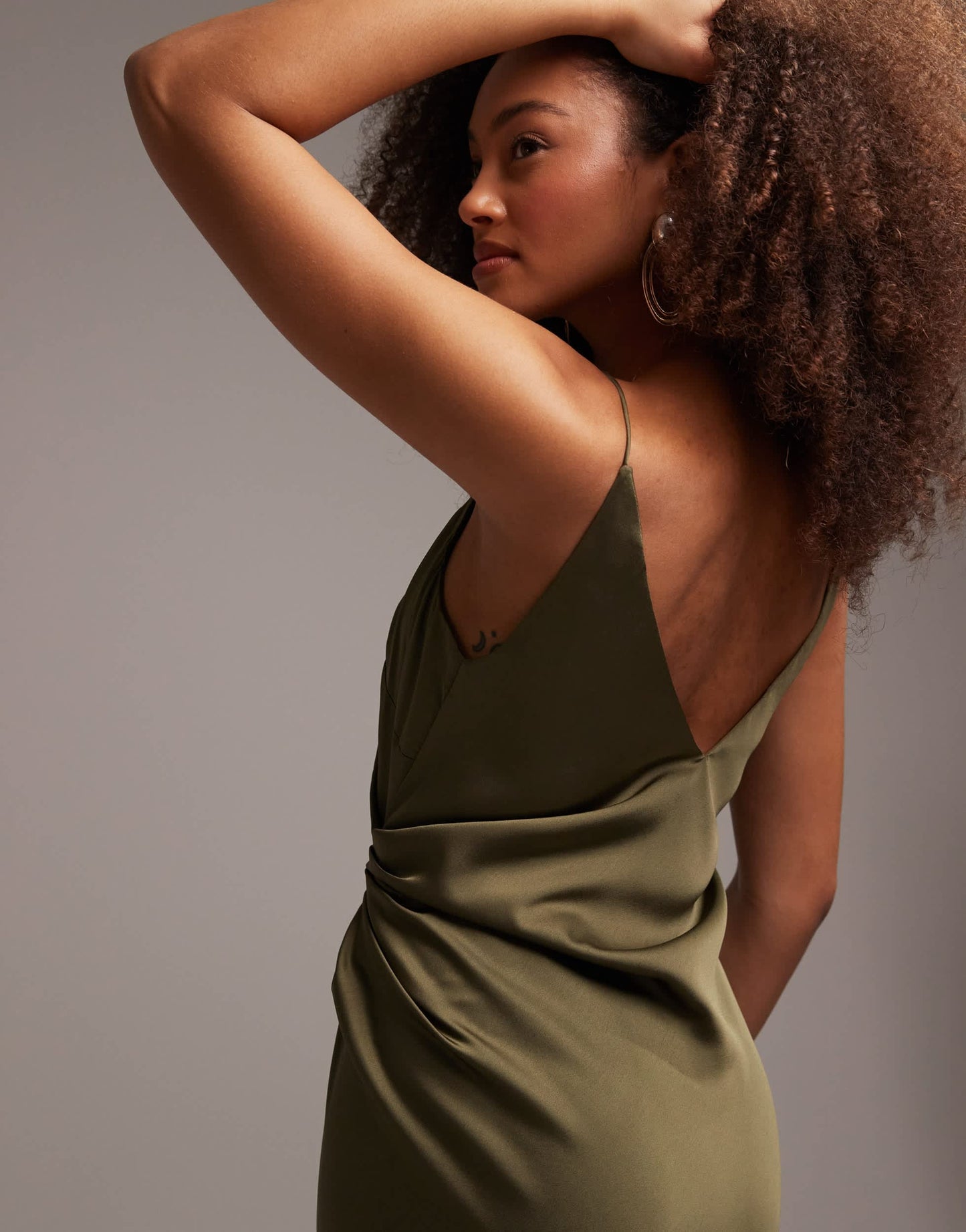 ASOS DESIGN Bridesmaid satin cami maxi dress with drape detail in olive