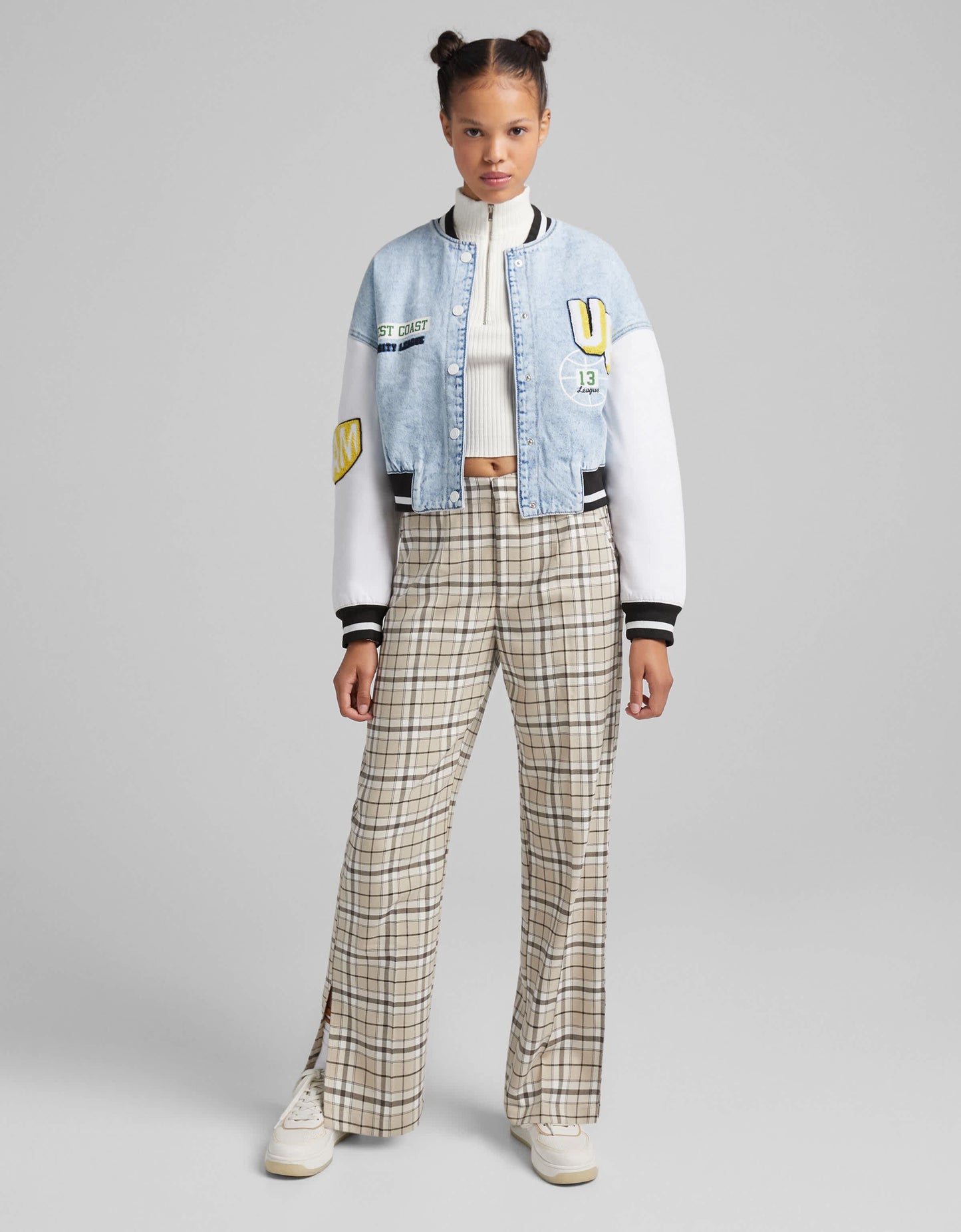 Bershka wide leg trouser co-ord with split hem detail in beige check