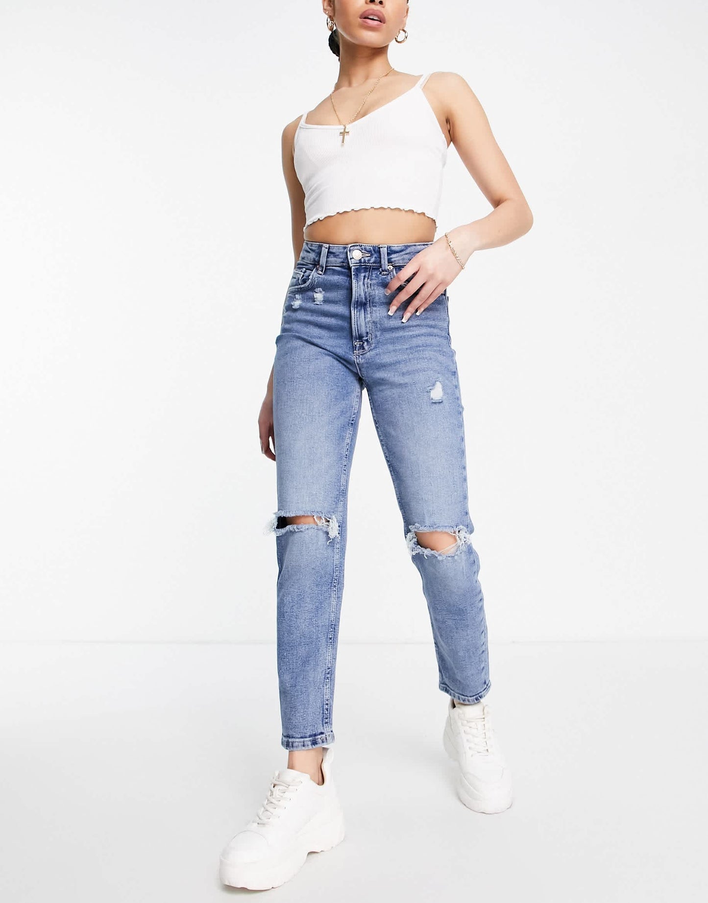 Stradivarius slim mom jean with stretch and rip in authentic blue