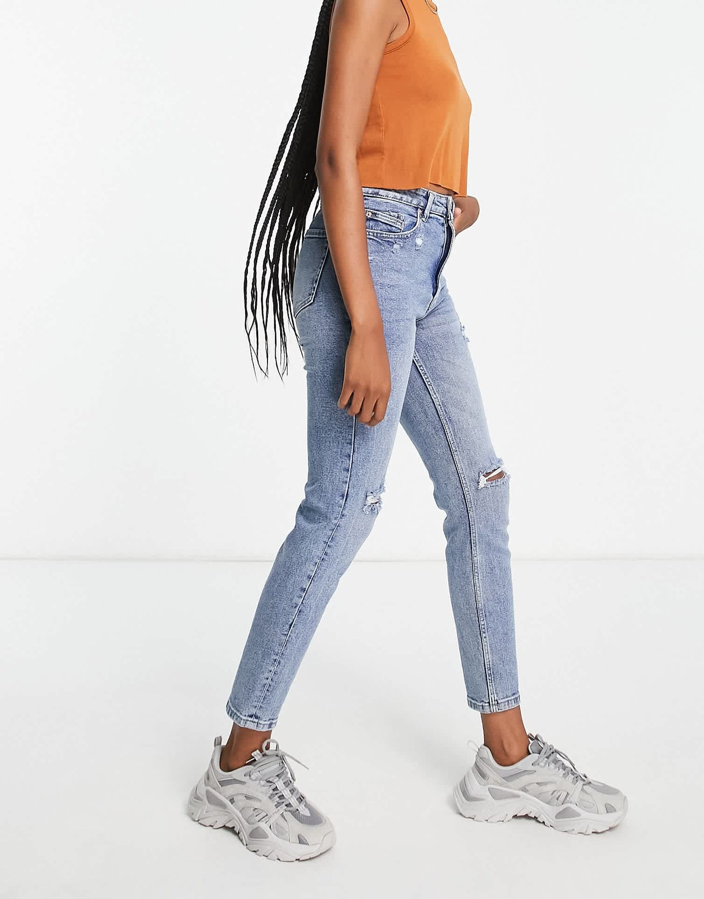 Stradivarius Tall slim mom jean with stretch and rip in authentic blue