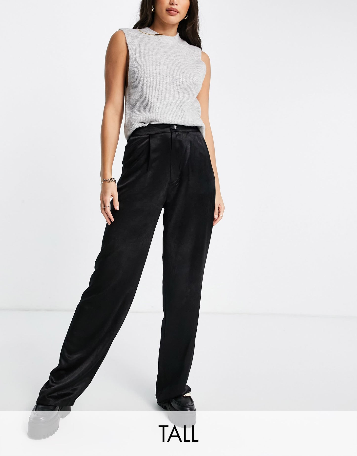 Stradivarius Tall satin trousers in black