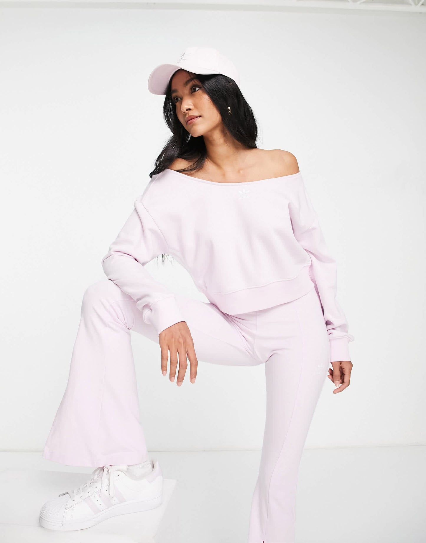 adidas Originals '80's Aerobic' off shoulder sweatshirt in pink