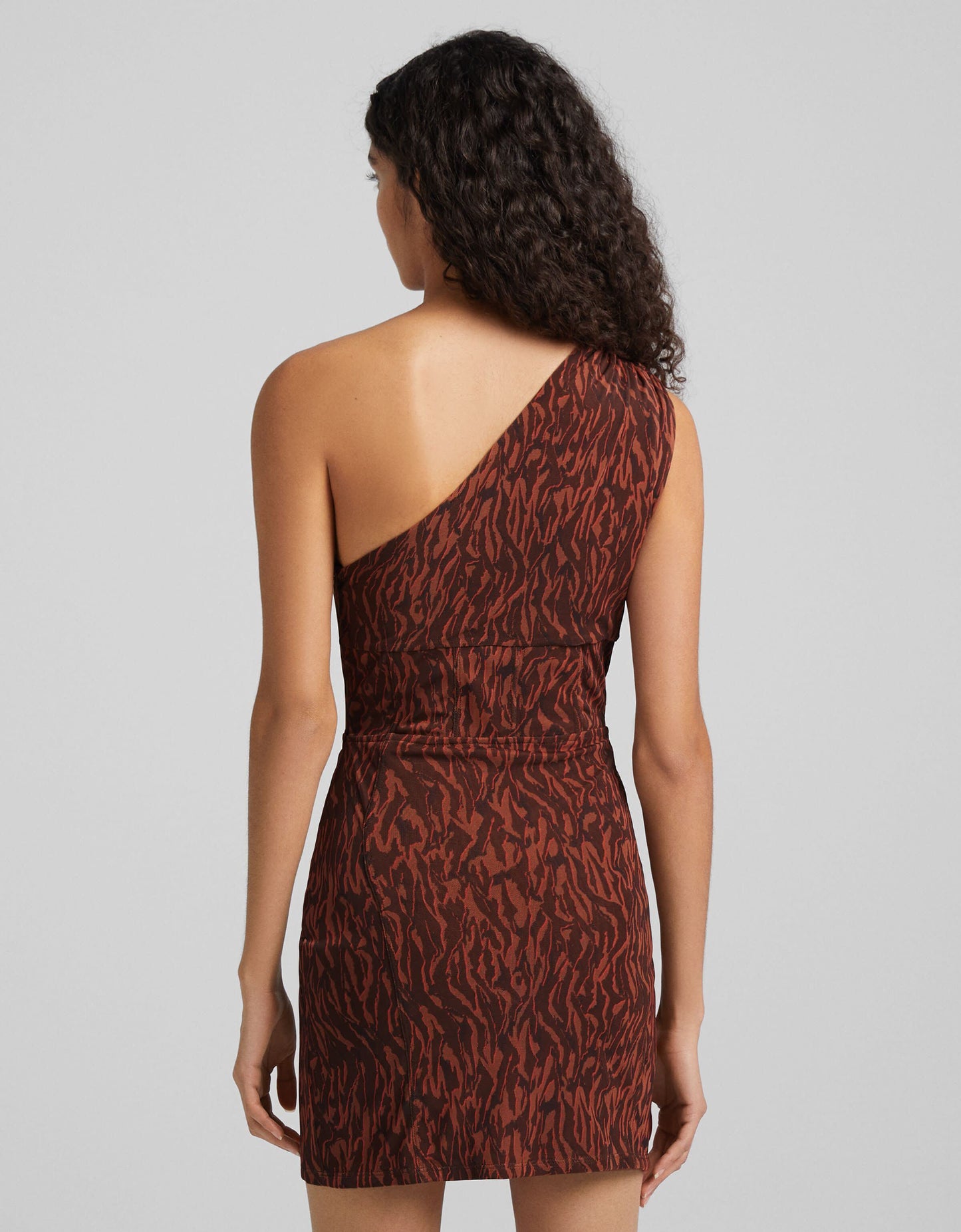 Bershka one shoulder cut out detail mini dress in brown