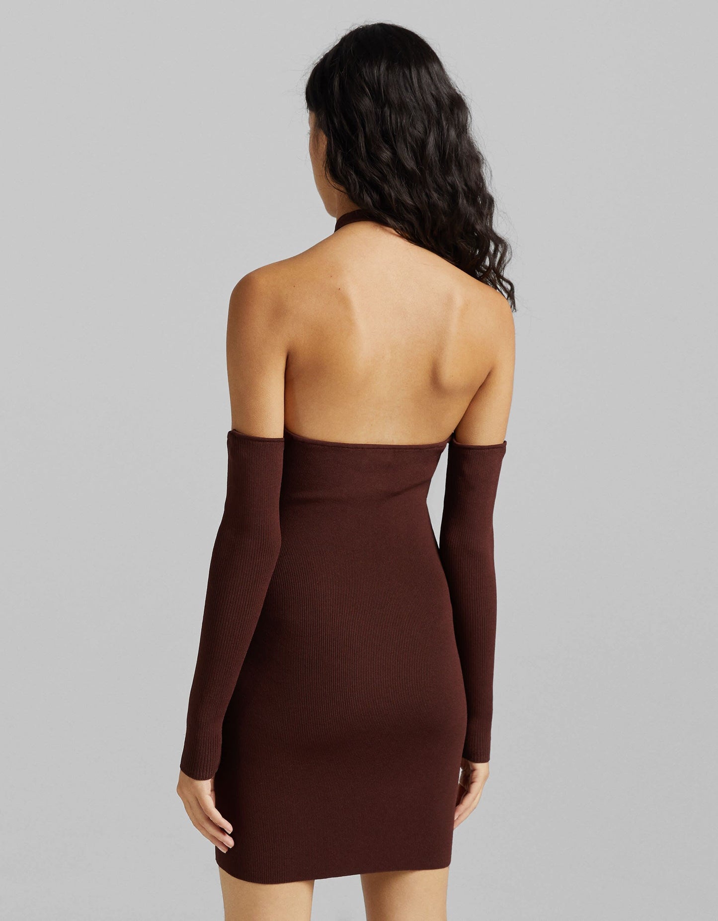 Bershka halter neck detail cut out mini dress in brown