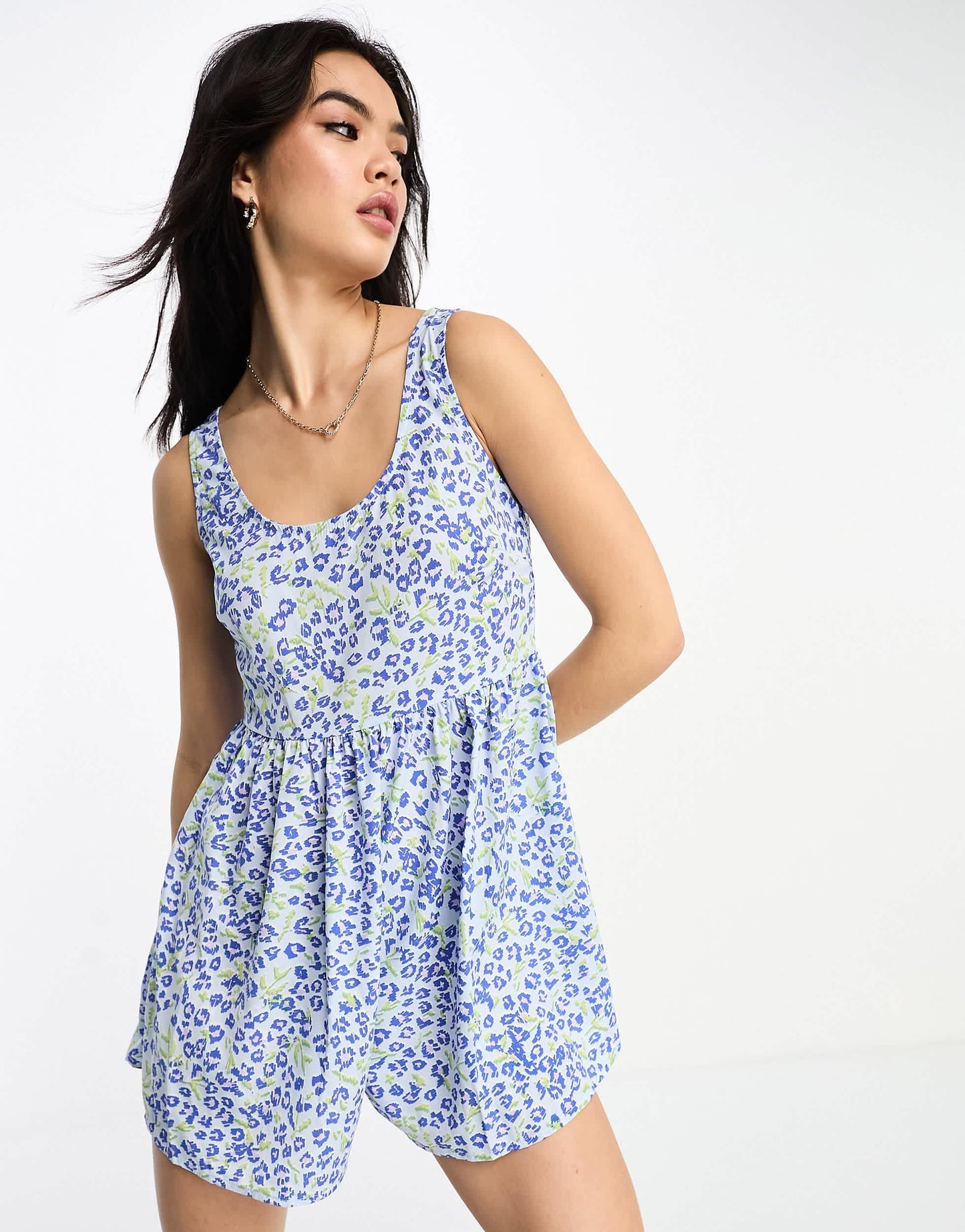 Urban Threads floaty playsuit in blue ditsy floral print