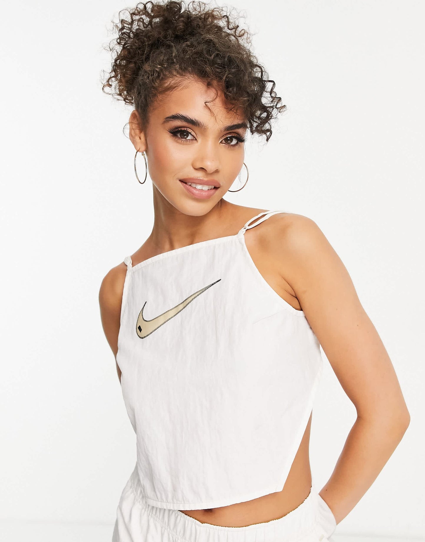 Nike Swoosh cropped ruched backstrap cami top in off white