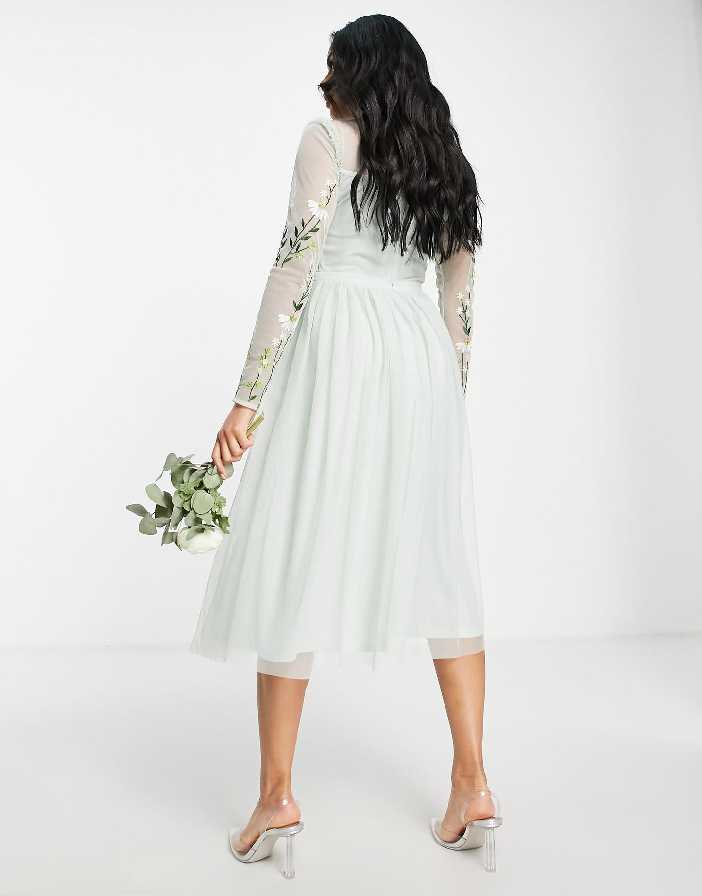 Frock and Frill Bridesmaid maxi dress with pleated skirt and embroidered top in sage
