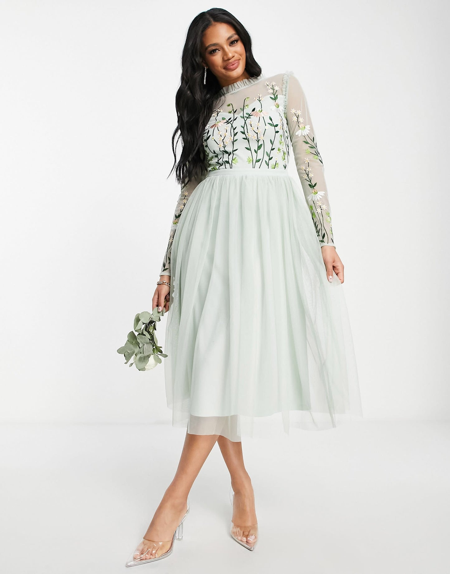 Frock and Frill Bridesmaid maxi dress with pleated skirt and embroidered top in sage