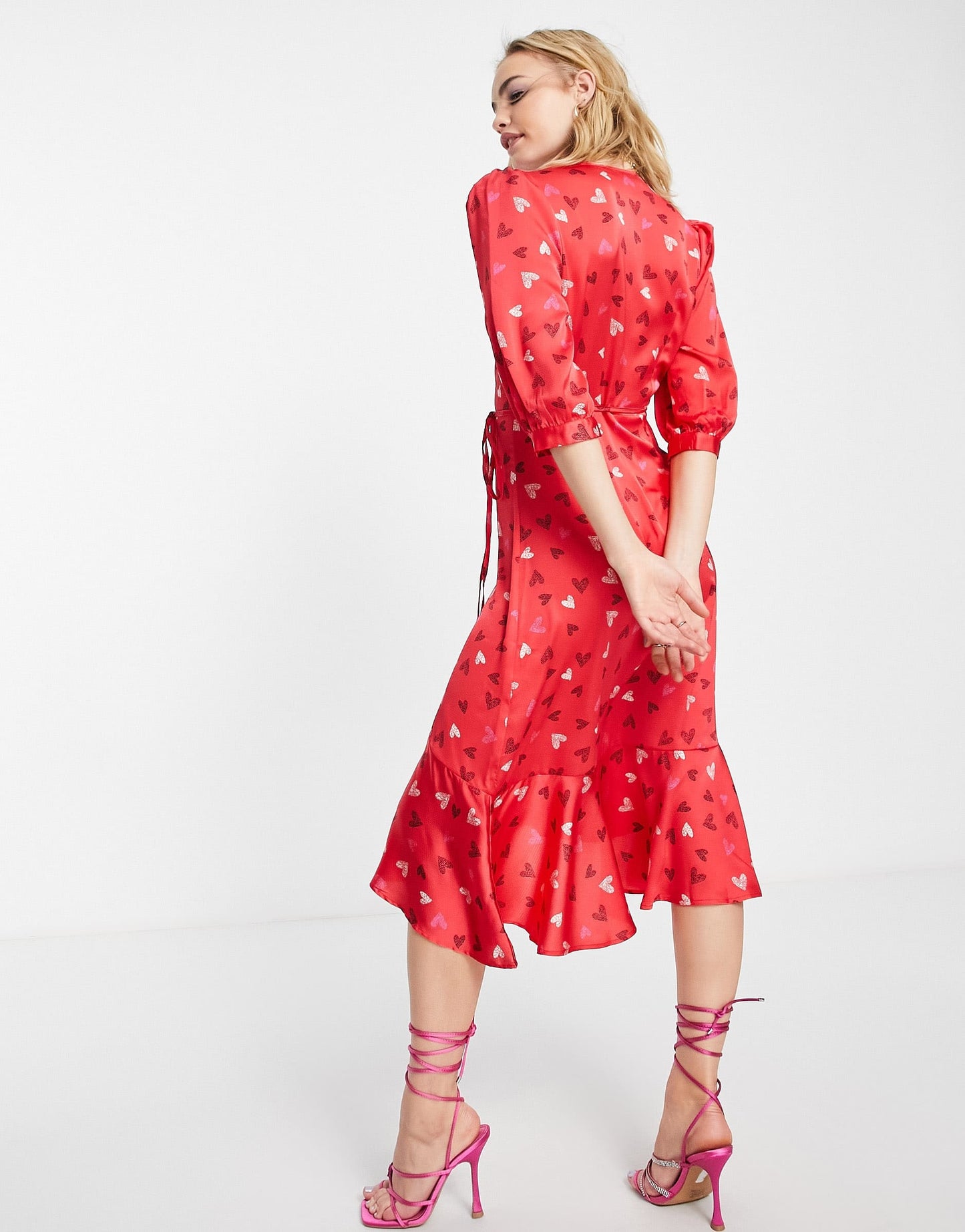 Liquorish Valentines exclusive wrap midi dress with frill hem in red heart print