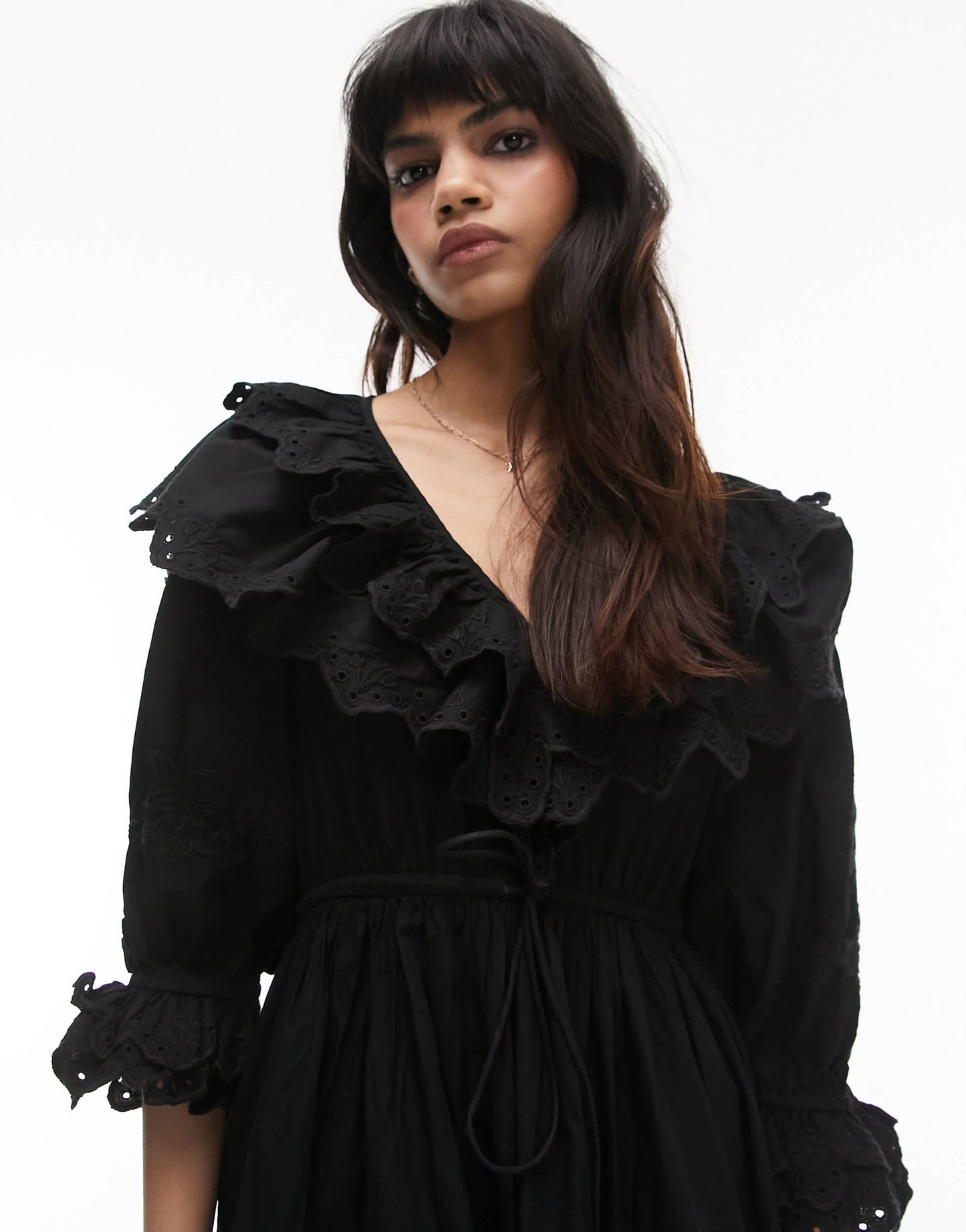 Topshop ruffle broderie mini dress in black
