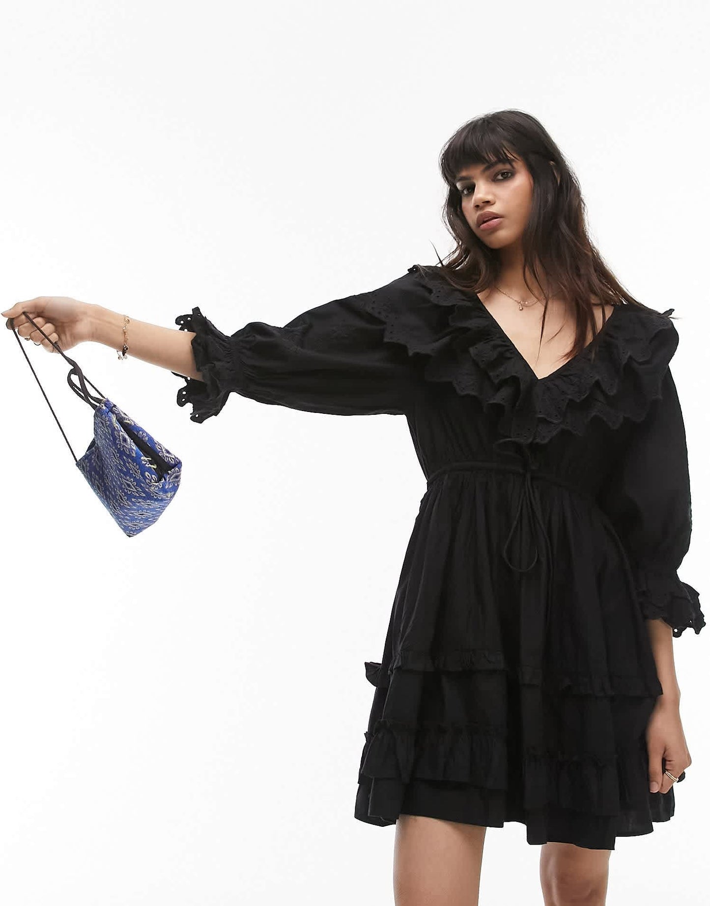 Topshop ruffle broderie mini dress in black