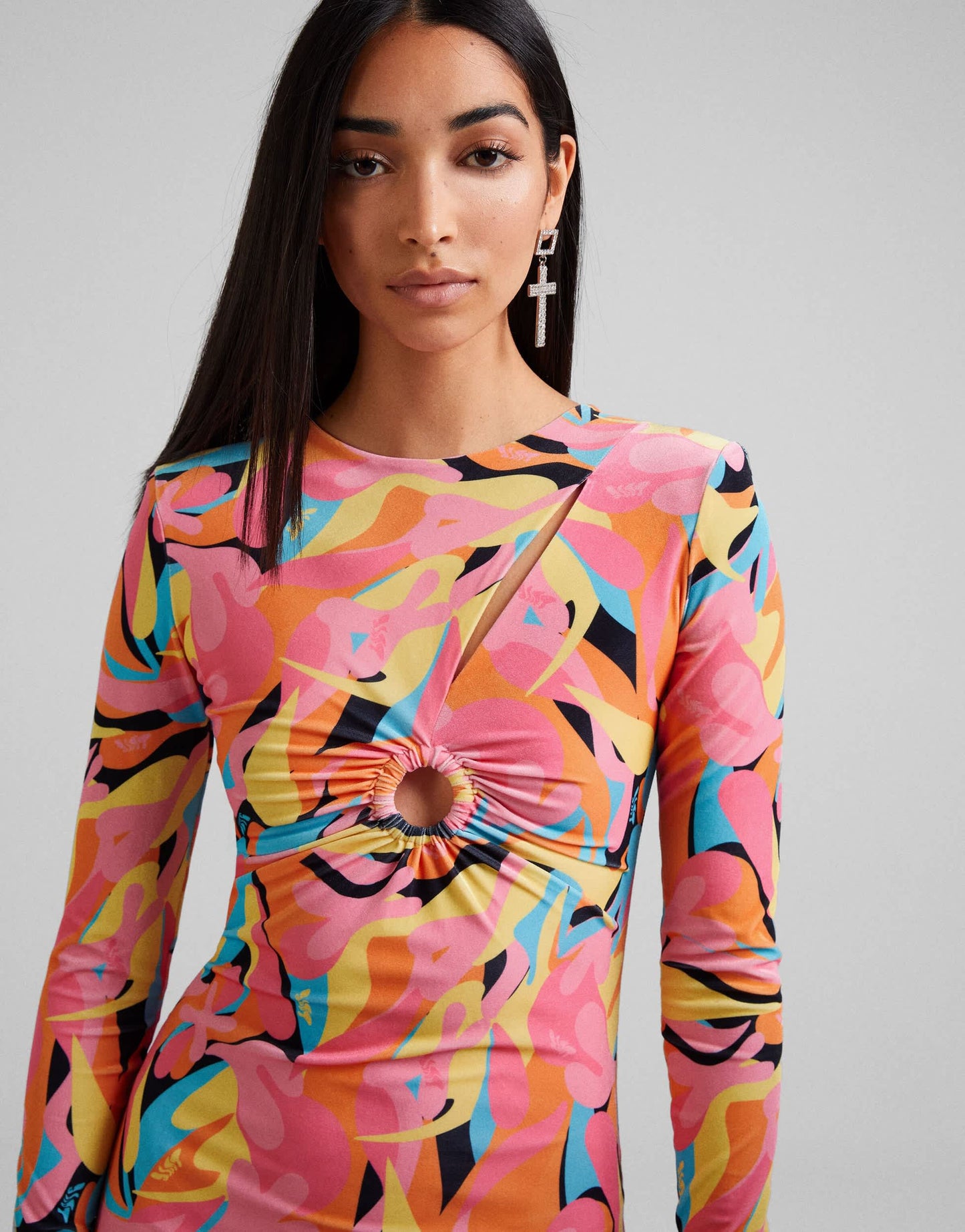 Bershka velvet bright printed bodycon dress with ring detail in multi