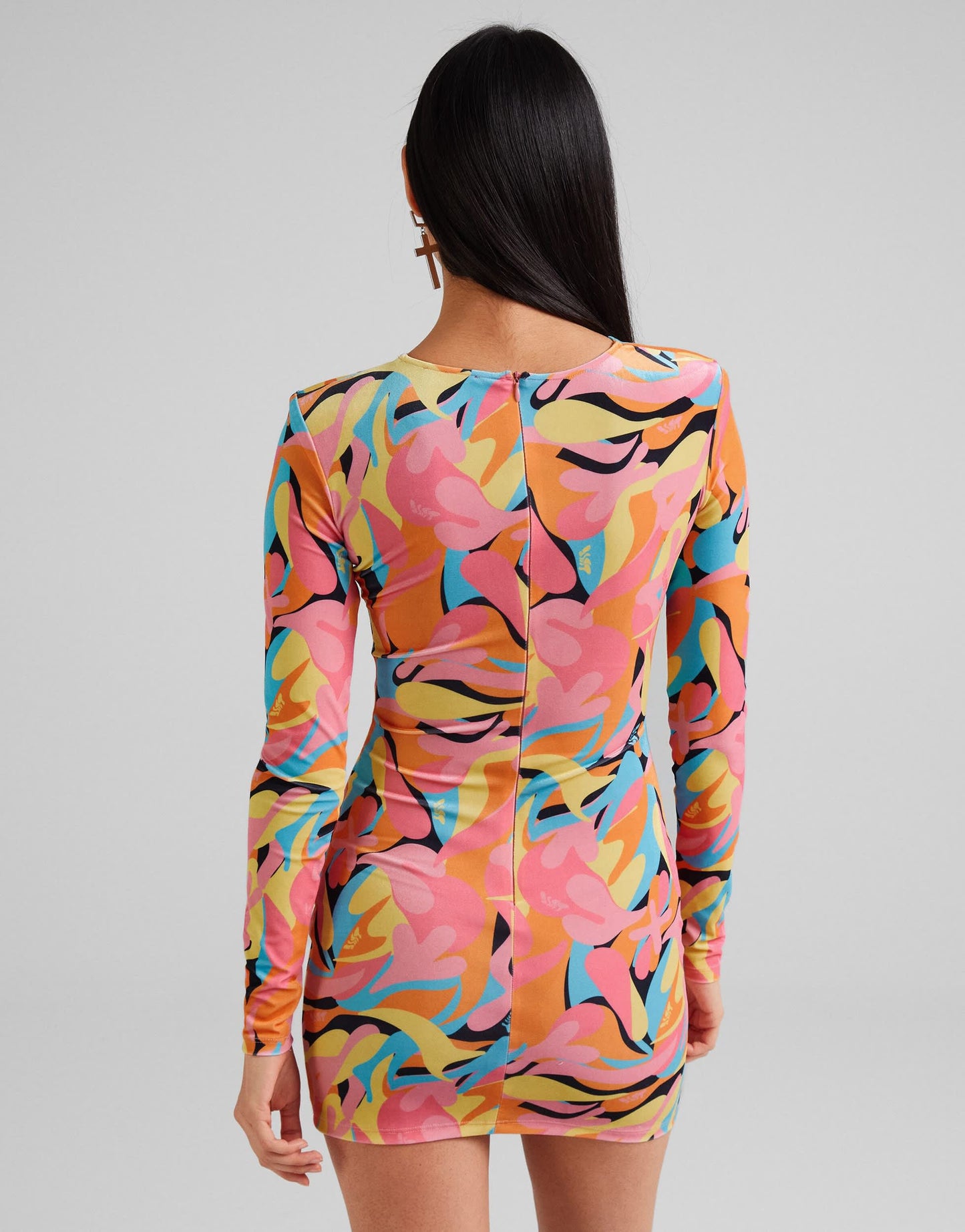 Bershka velvet bright printed bodycon dress with ring detail in multi