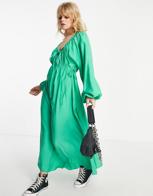 Topshop textured ruched channel midaxi dress in green