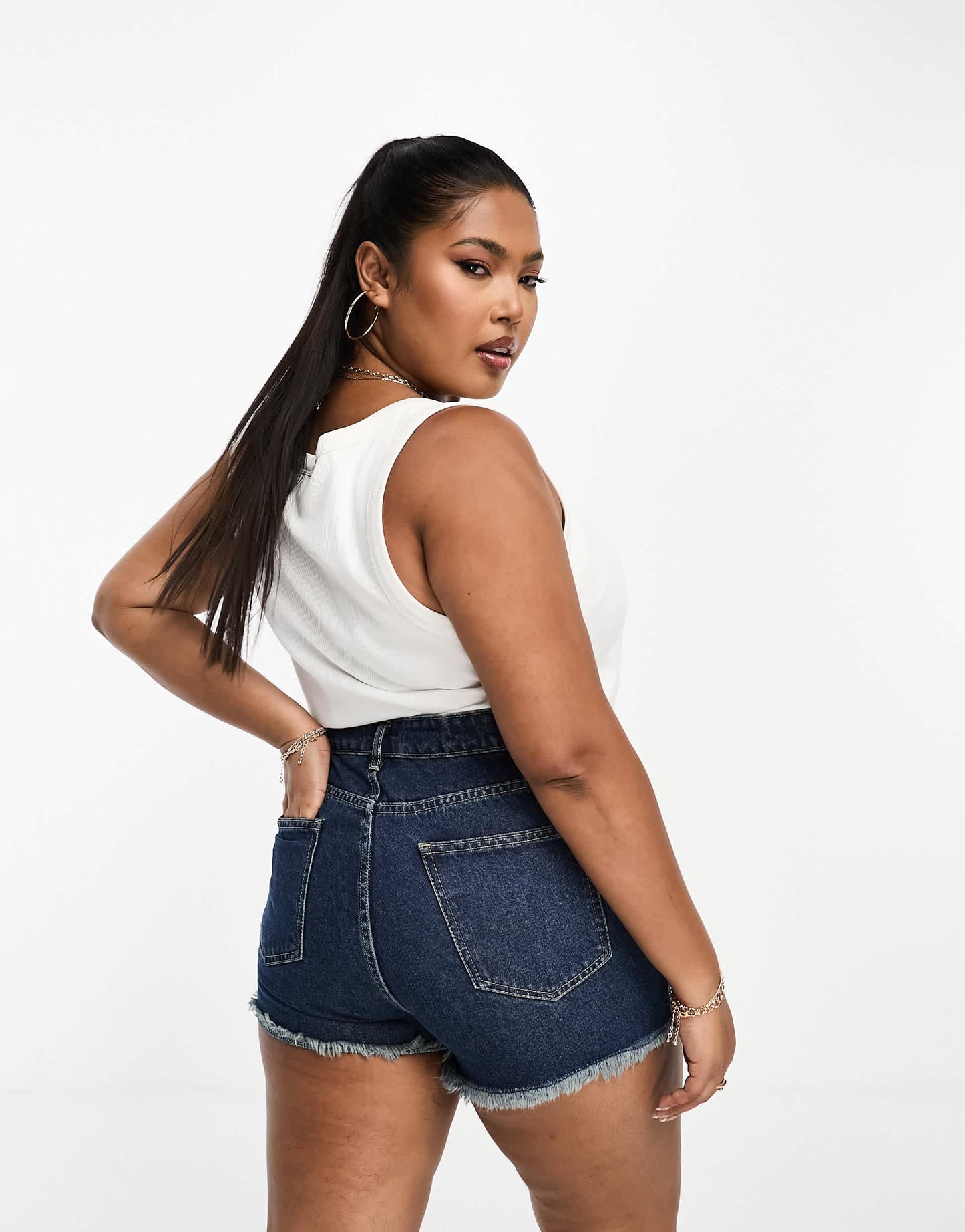 DTT Plus frayed hem shorts in dark wash blue