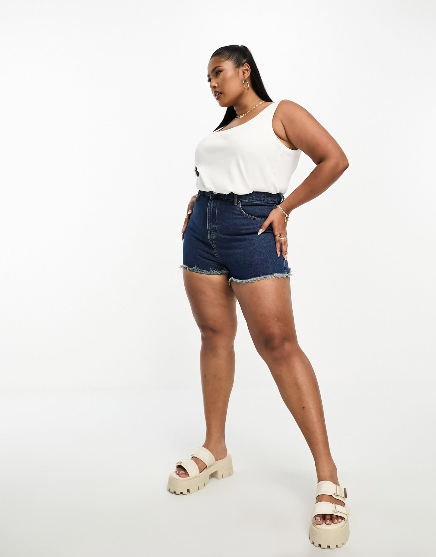 DTT Plus frayed hem shorts in dark wash blue