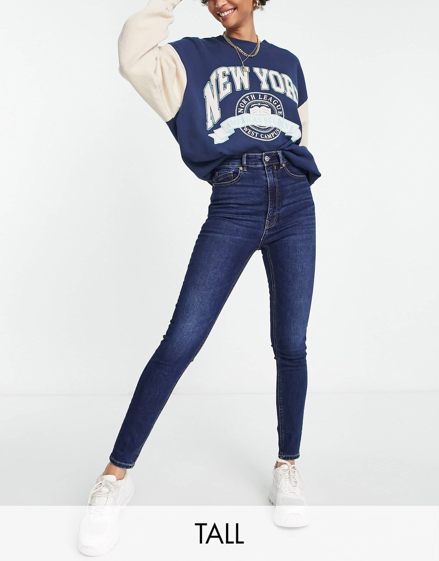 Stradivarius Tall super high waist skinny jean in mid blue