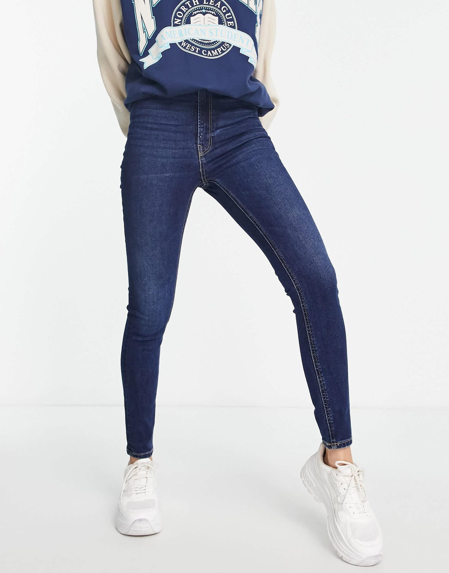 Stradivarius Tall super high waist skinny jean in mid blue