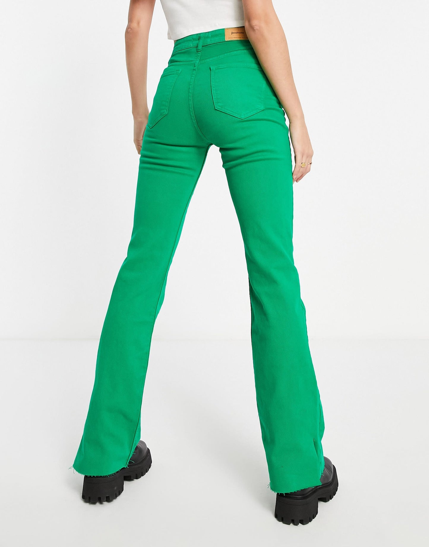 Stradivarius Tall slim flare jean with split detail in green