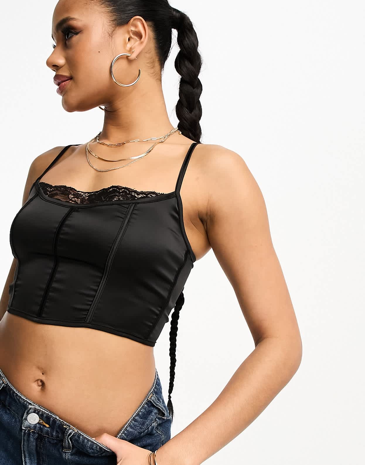 Parisian satin bustier crop top with lace trim in black