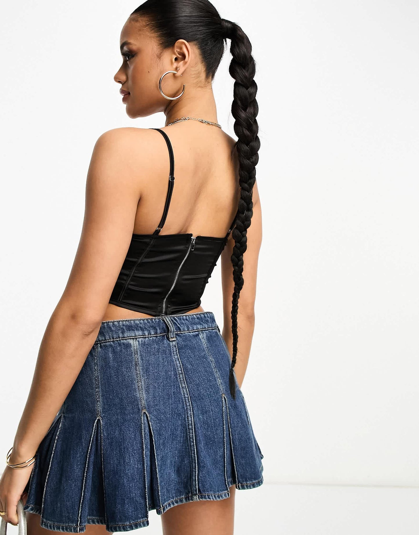 Parisian satin bustier crop top with lace trim in black