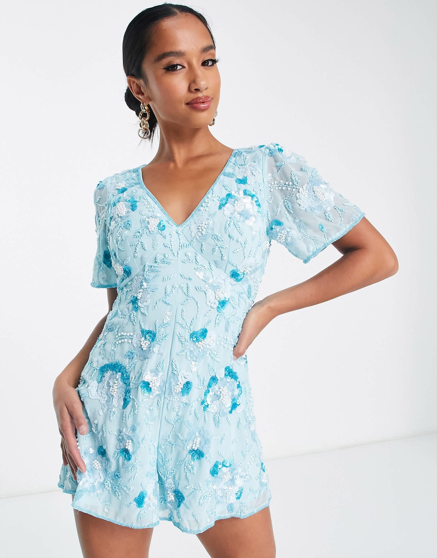 Miss Selfridge Petite Premium embellished backless playsuit in aqua