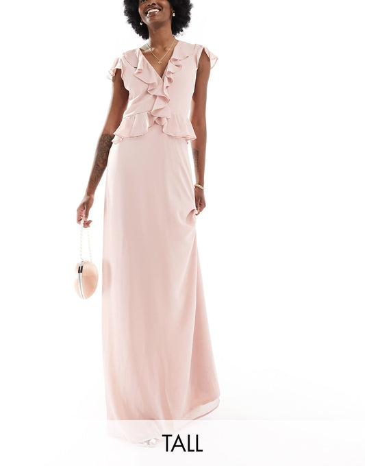 TFNC Tall Bridesmaid chiffon maxi dress with frill detail in mauve