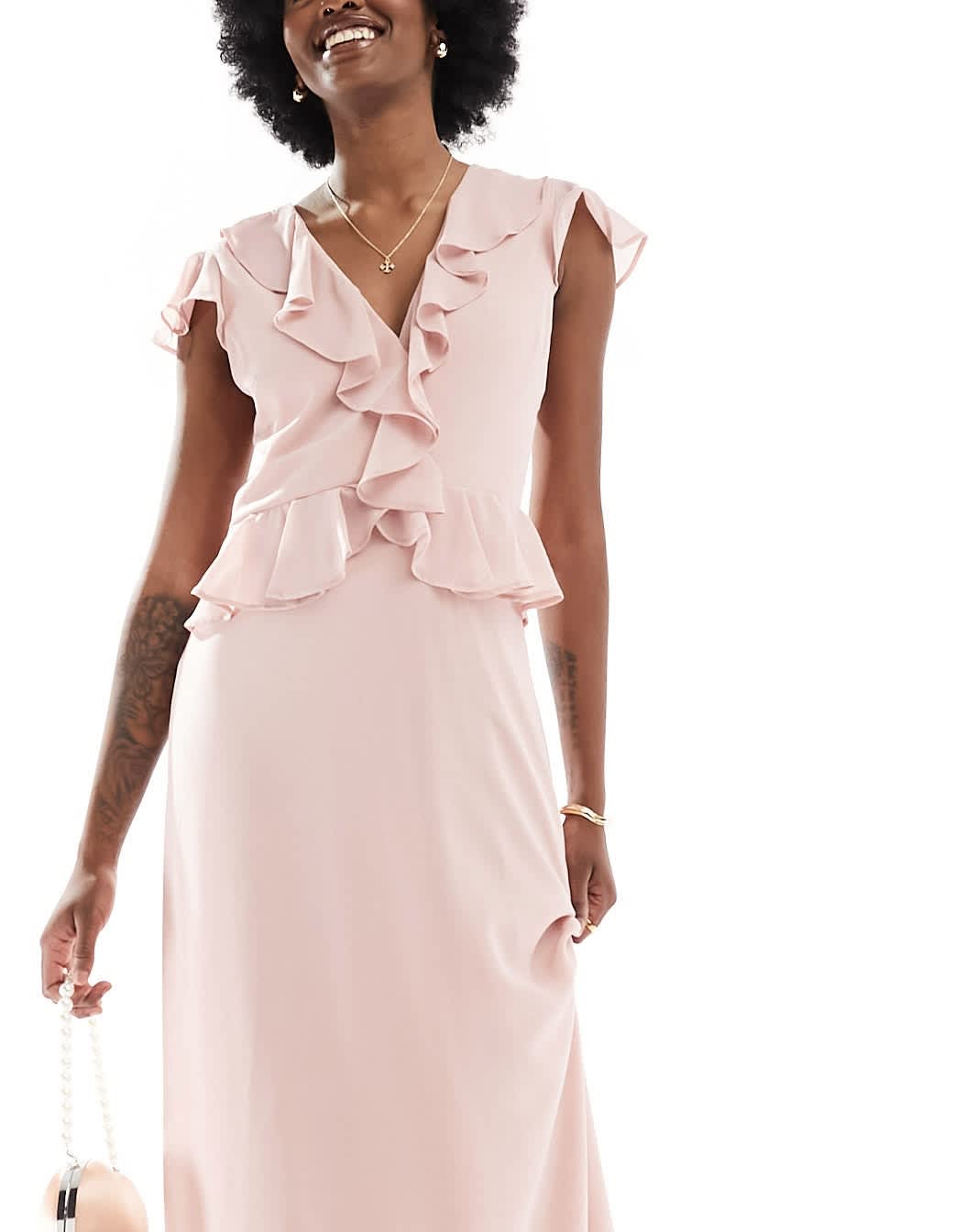 TFNC Tall Bridesmaid chiffon maxi dress with frill detail in mauve