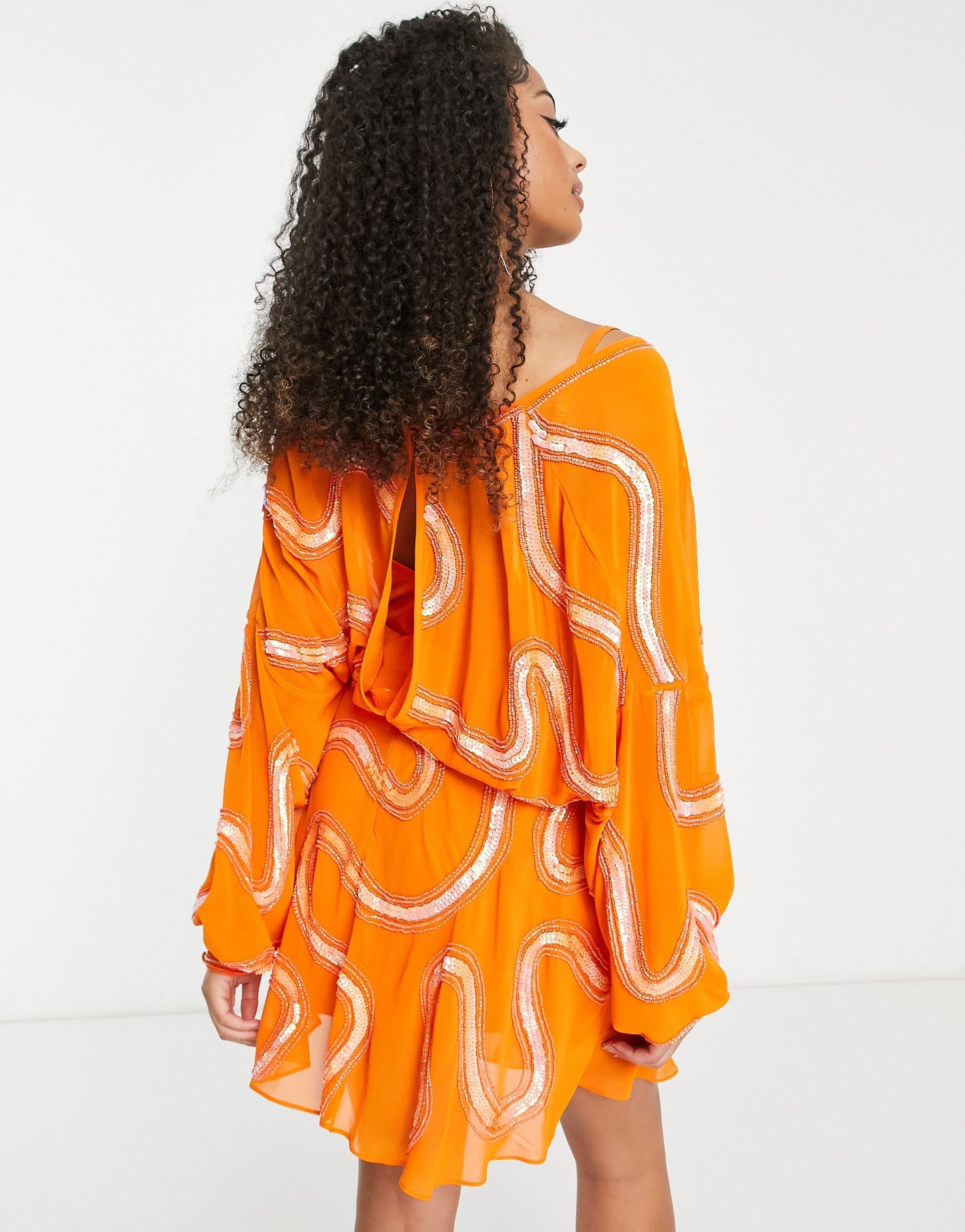 ASOS DESIGN Tall rouleaux loop tie waist mini dress with swirl embellishment in orange
