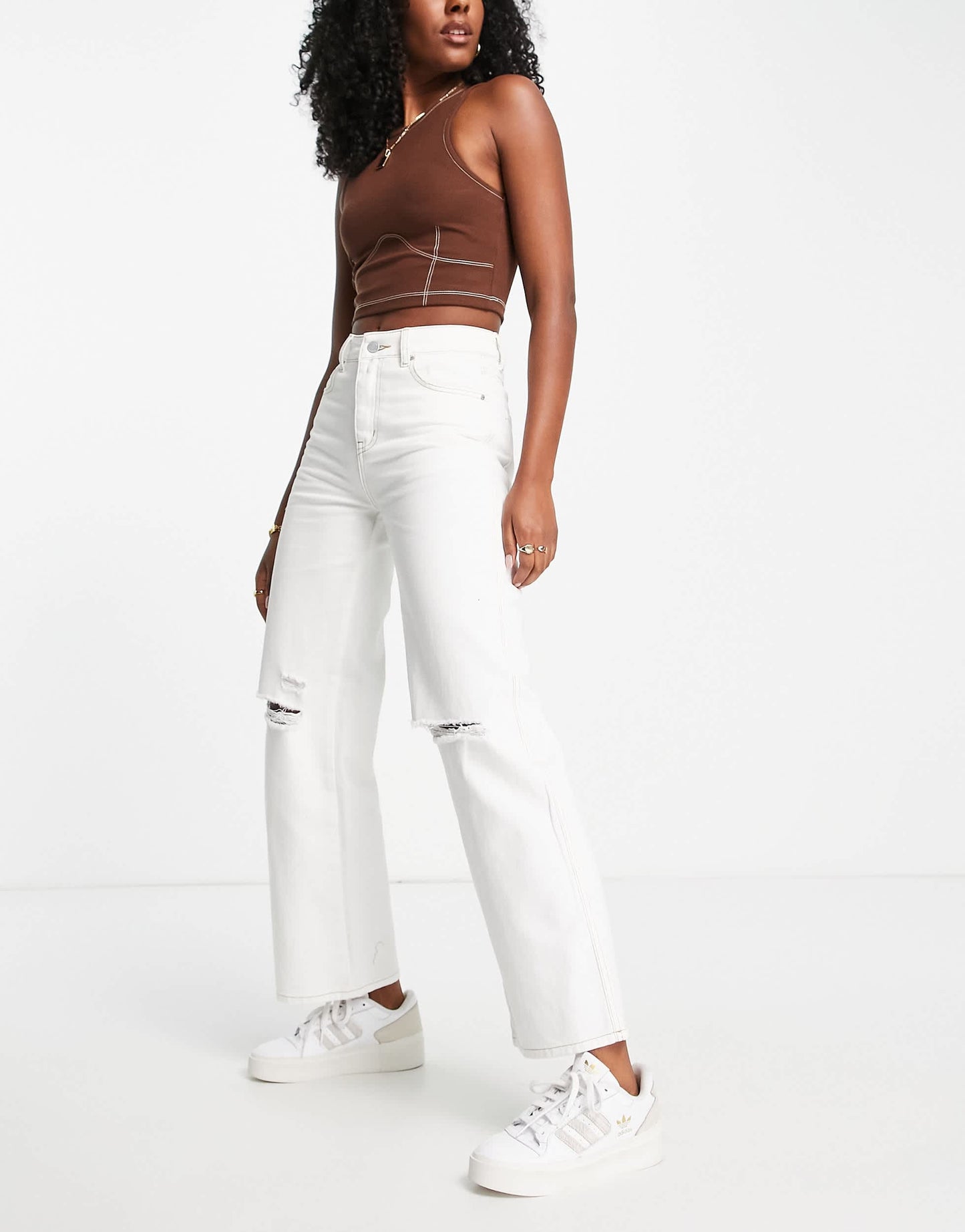 Lost Ink knee rip straight leg jeans in white