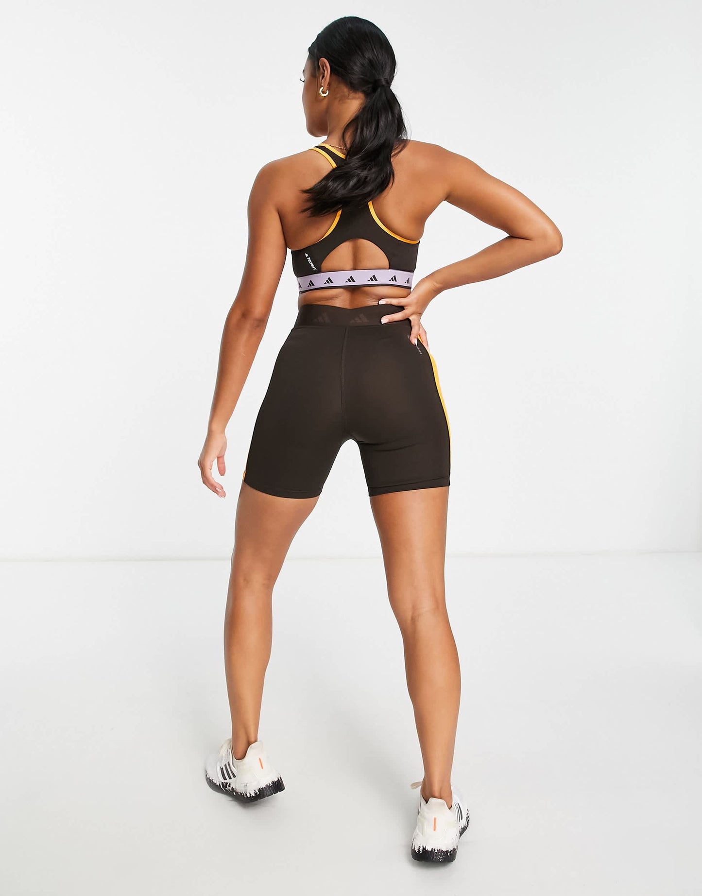 adidas Training Techfit colourblock high waisted legging shorts in brown, orange and purple