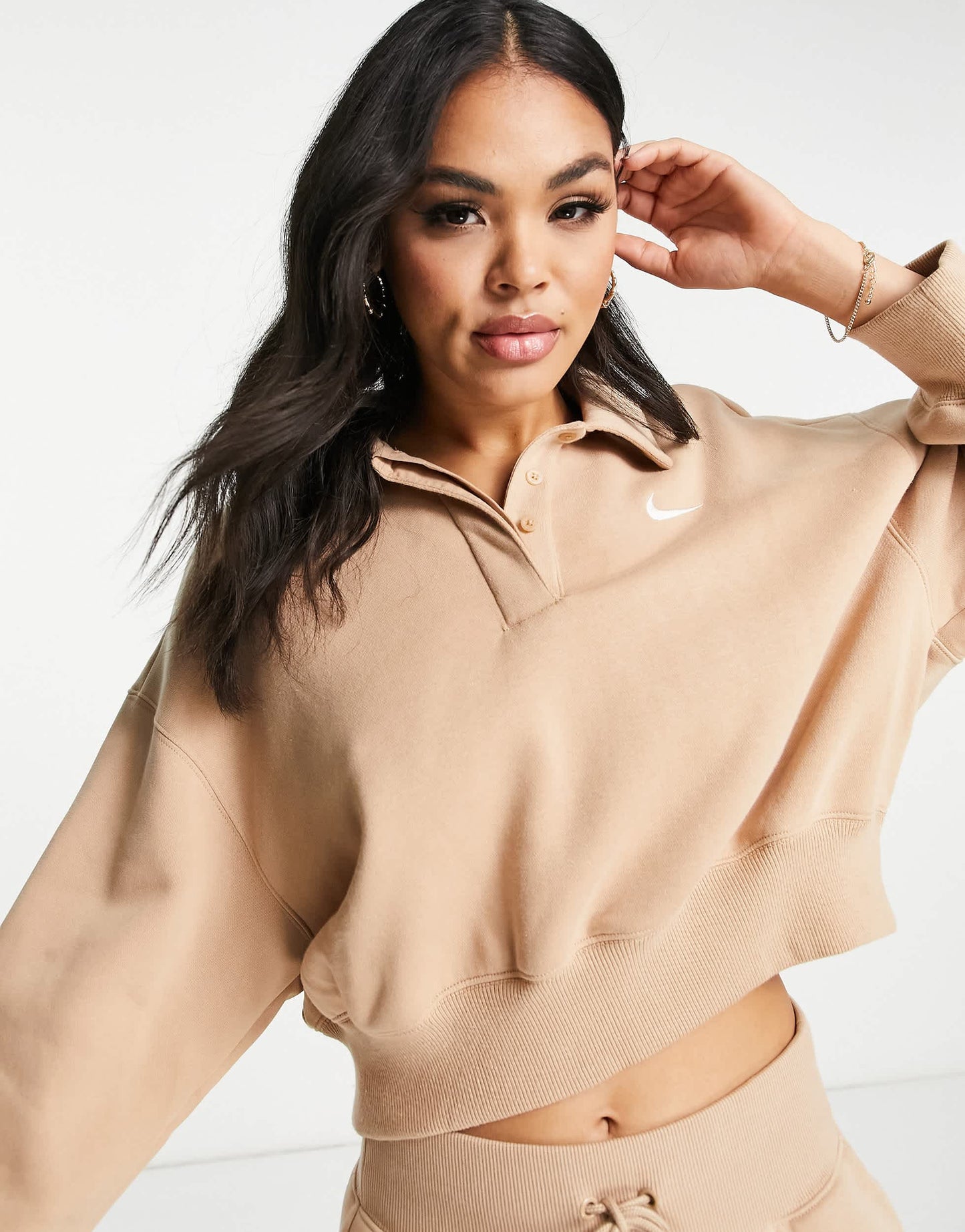 Nike mini swoosh cropped polo sweatshirt in hemp brown