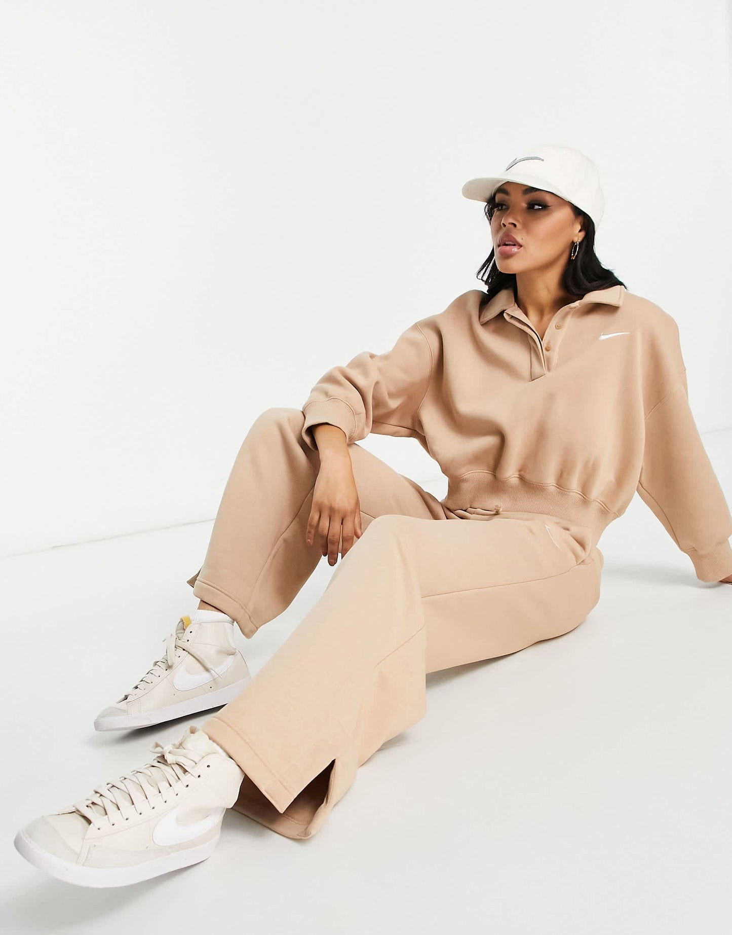 Nike mini swoosh cropped polo sweatshirt in hemp brown