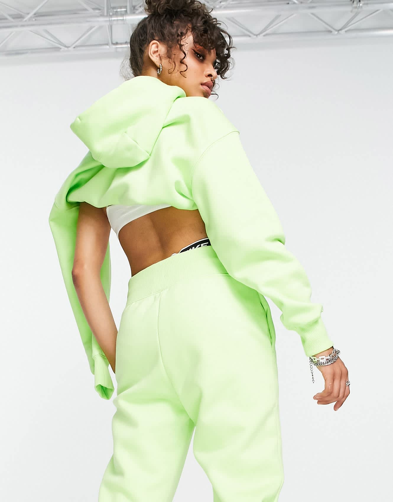 Nike Swoosh graphic cropped pullover hoodie in lime green