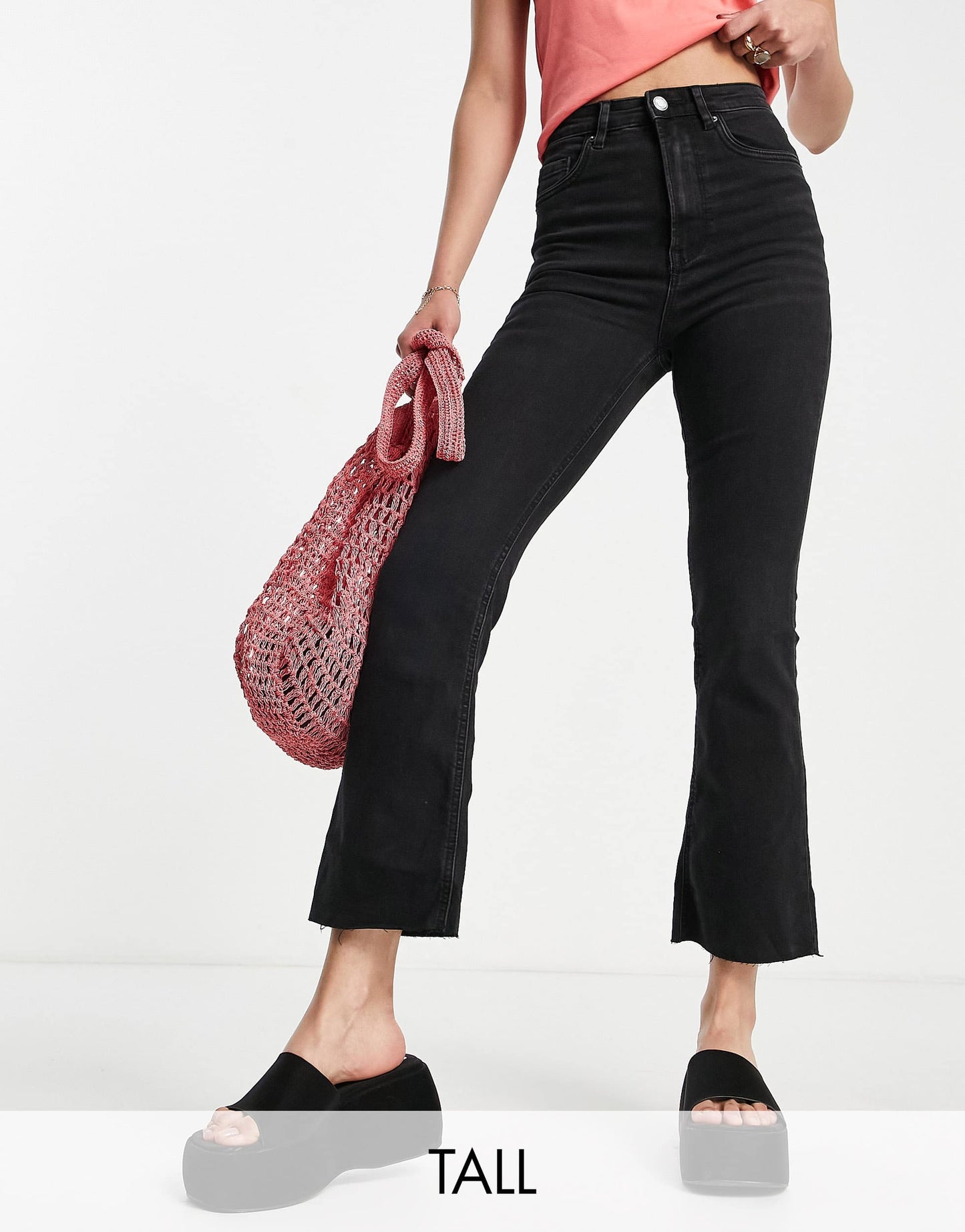 Stradivarius Tall crop flare jean in black