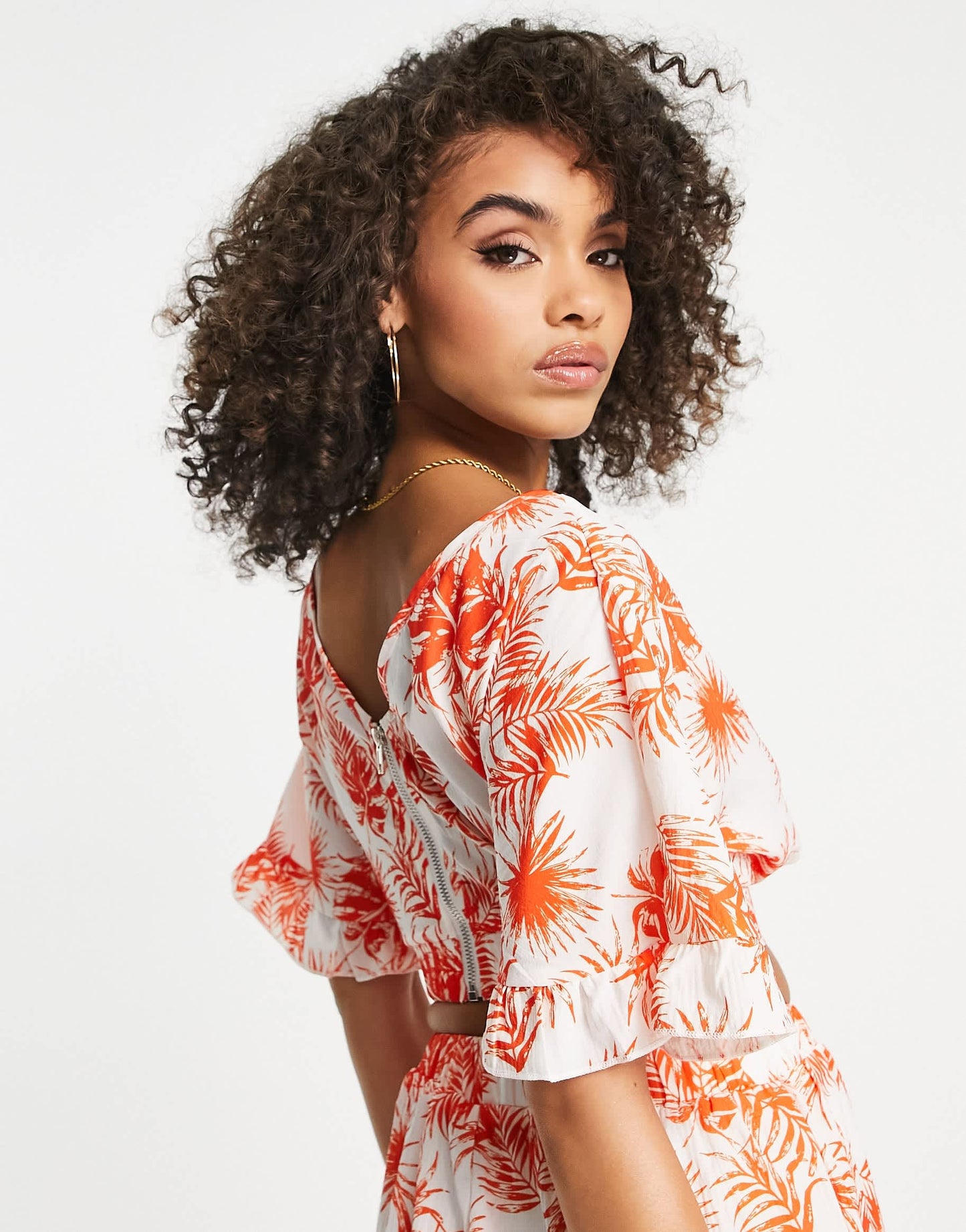 Parisian flutter sleeve crop top co-ord in orange tropical floral