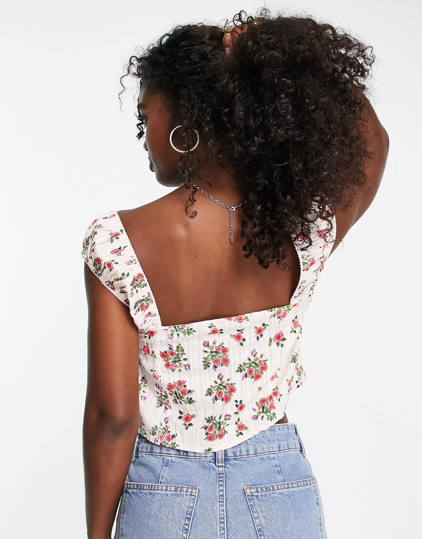 ASOS DESIGN button front top with lace insert detail and ruched capped sleeve in floral print