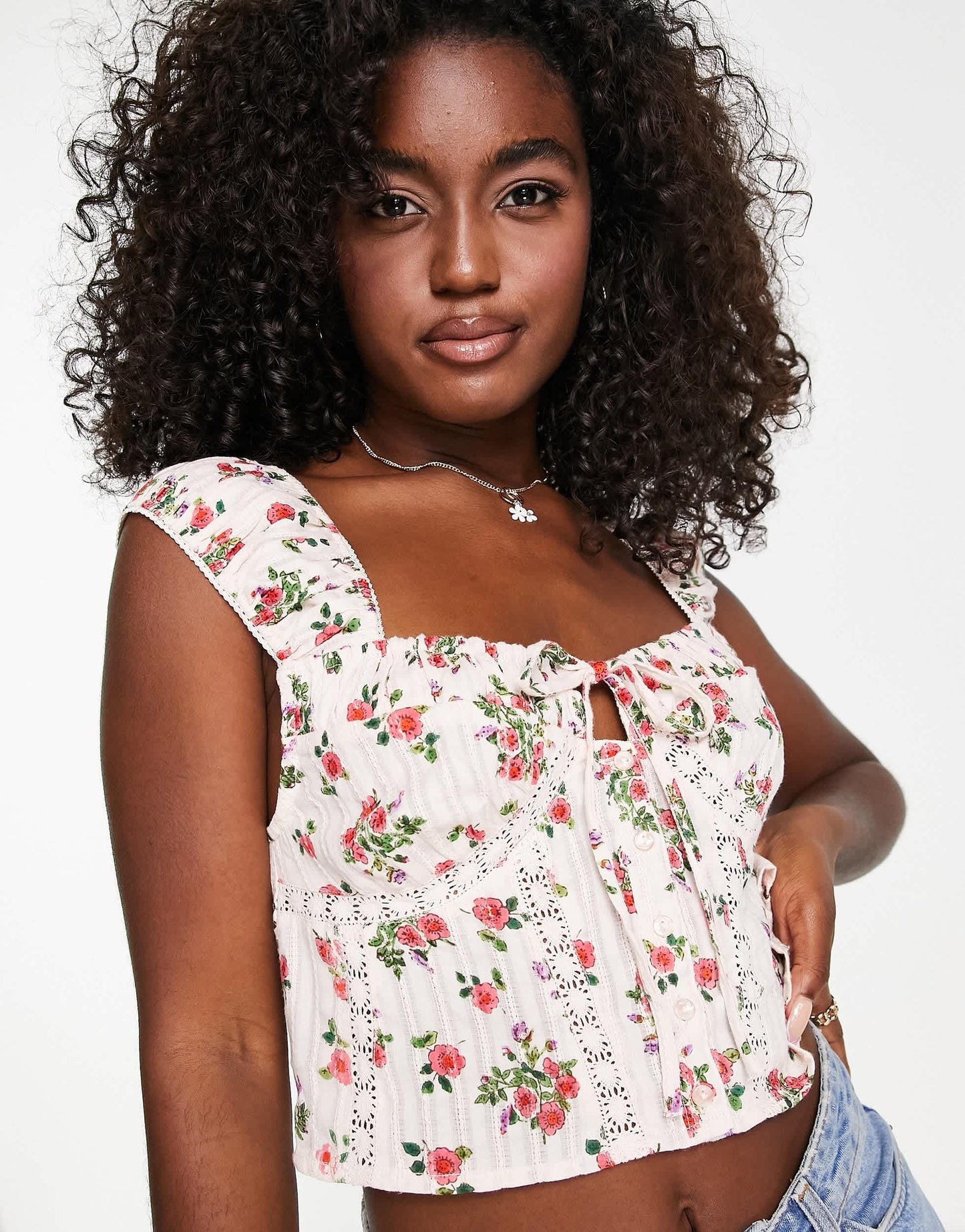ASOS DESIGN button front top with lace insert detail and ruched capped sleeve in floral print