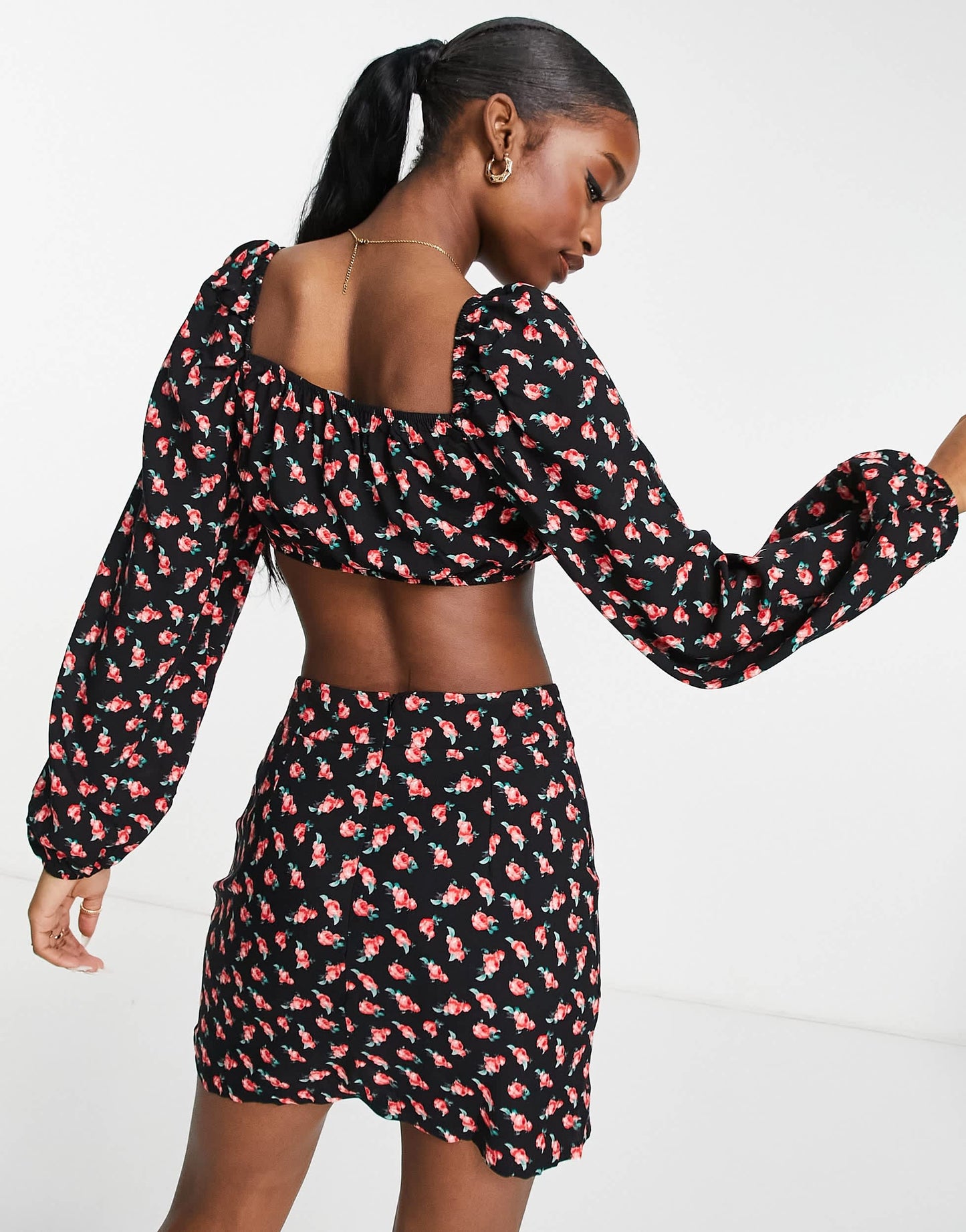 Trendyol square neck crop top and mini skirt in rose print co-ord set