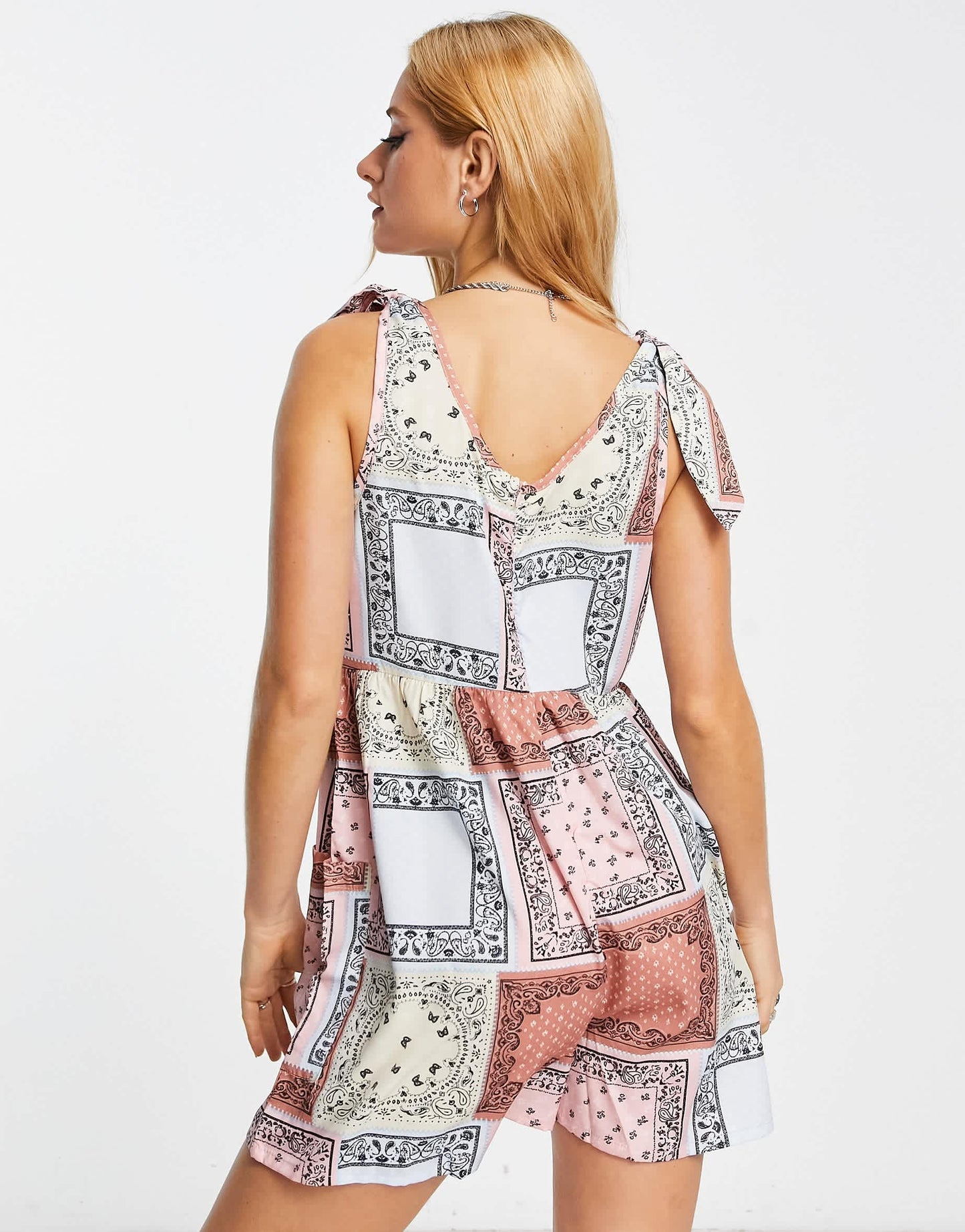 Violet Romance tie shoulder playsuit in patchwork print