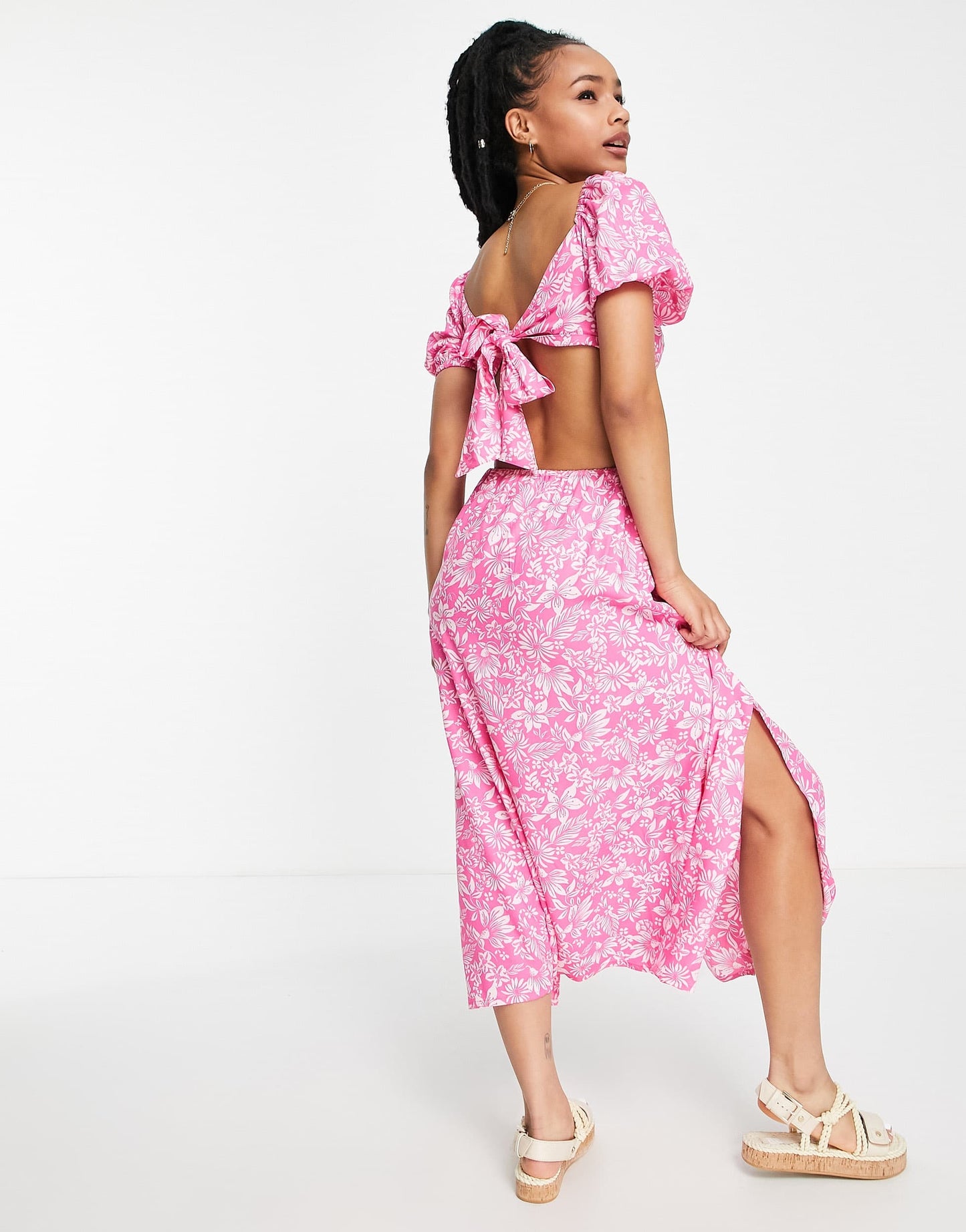 Miss Selfridge Petite ring detail cut out maxi dress in pink hibiscus print