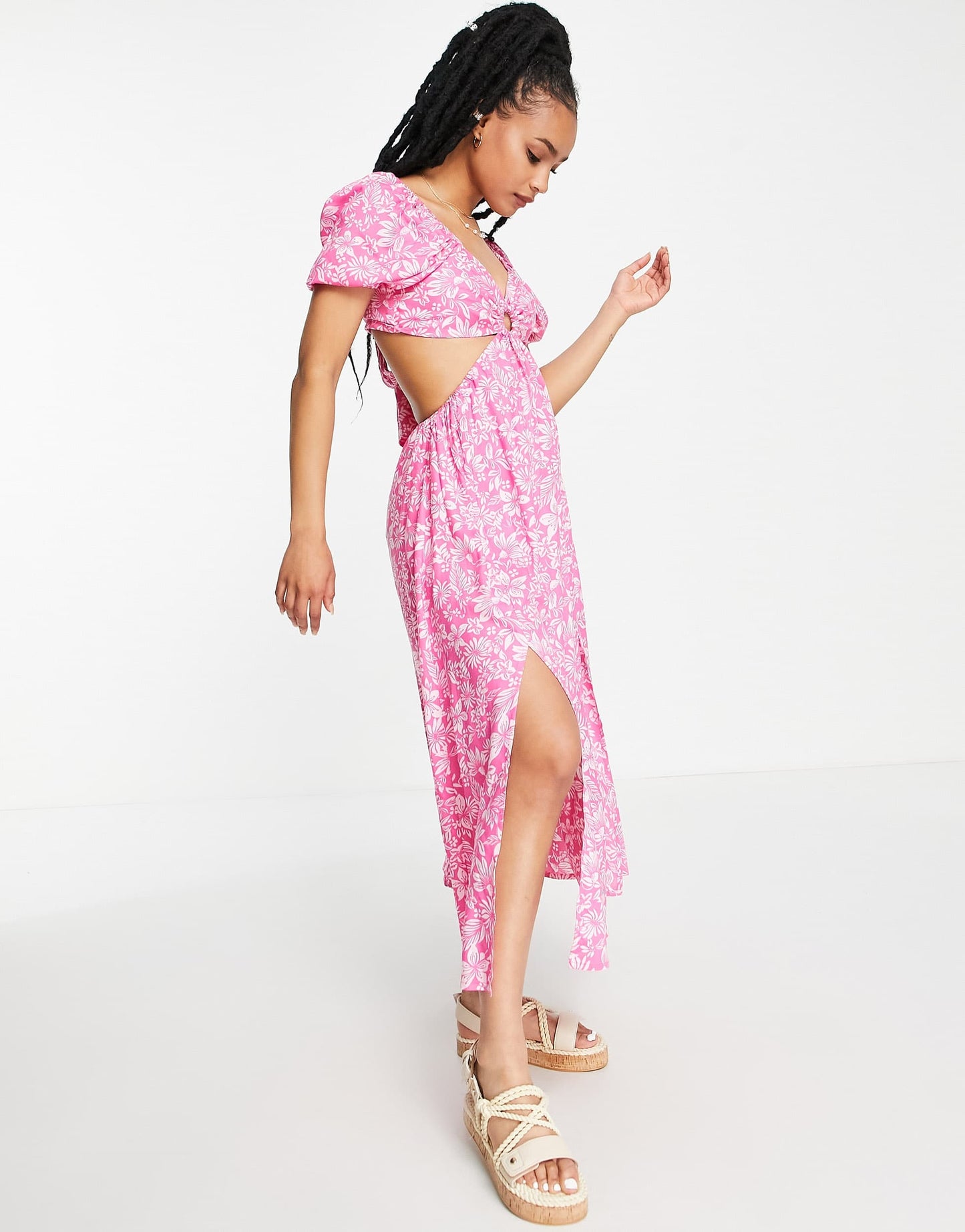 Miss Selfridge Petite ring detail cut out maxi dress in pink hibiscus print
