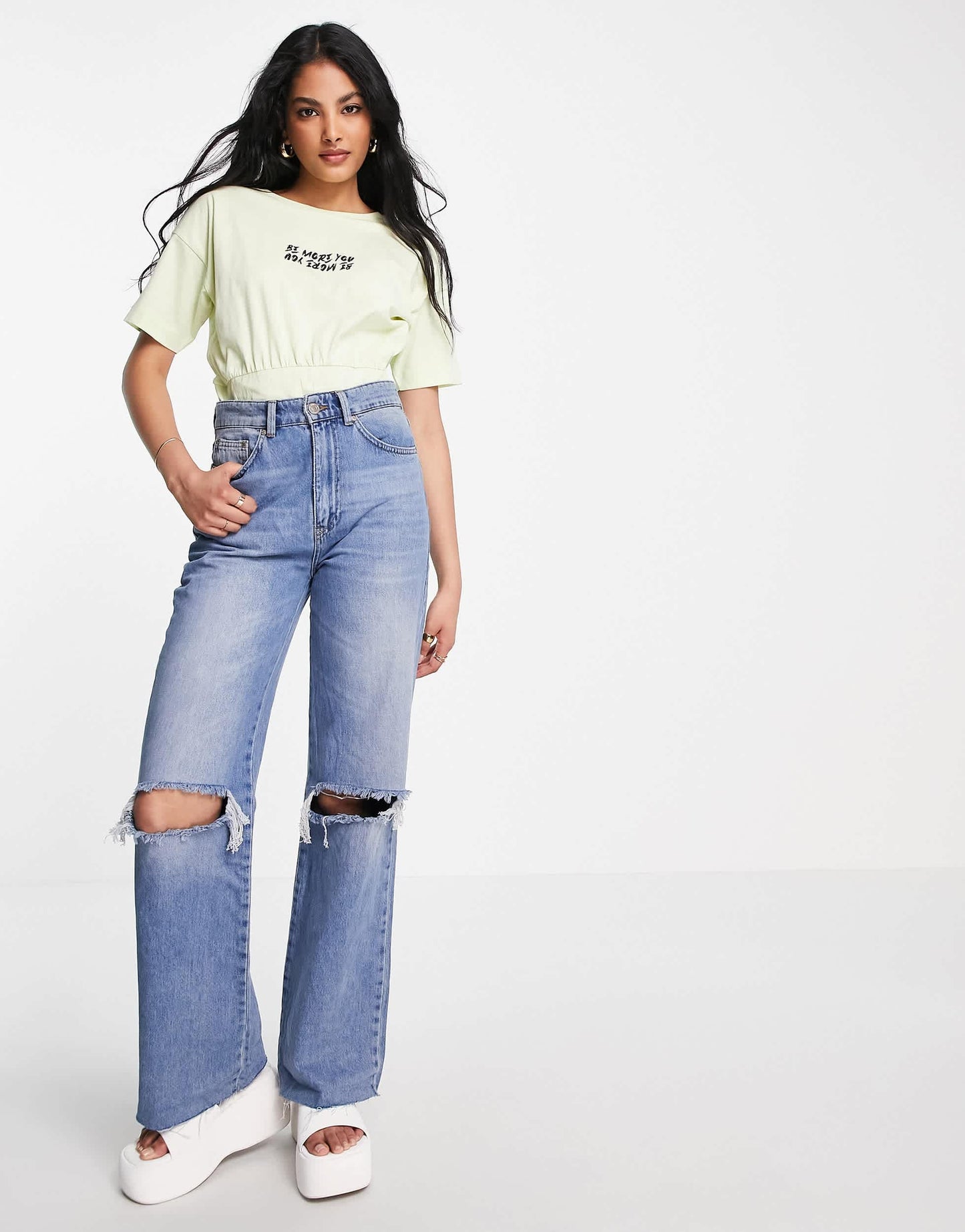 River Island corset detail slogan tee in lime
