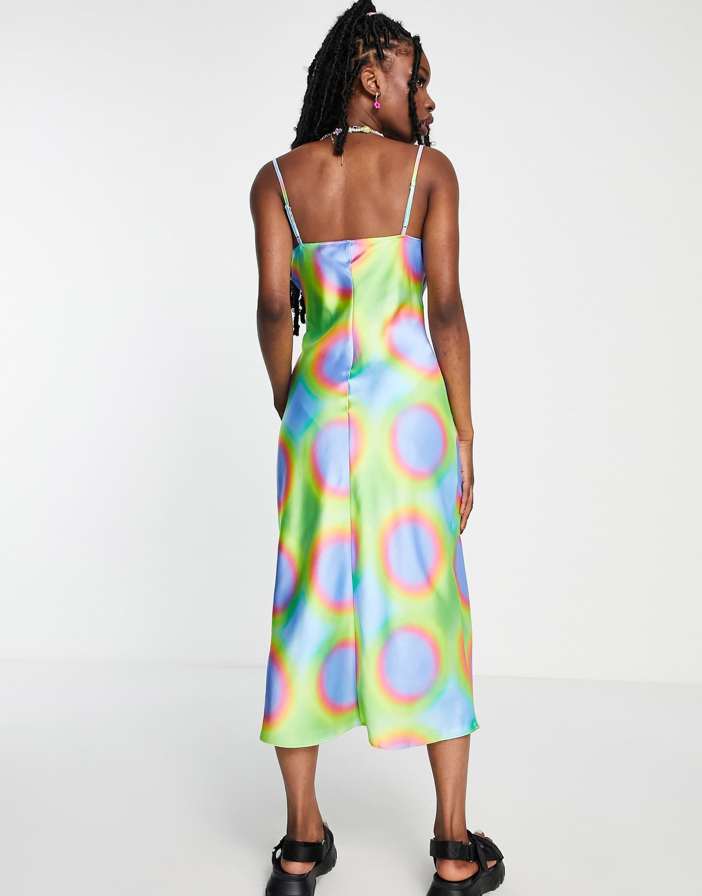 COLLUSION cowl neck metal ring detail printed satin maxi slip dress in multi