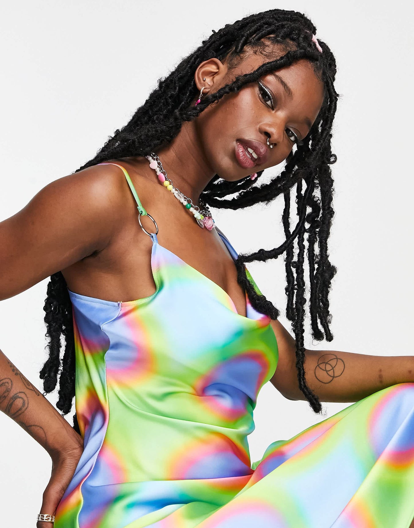 COLLUSION cowl neck metal ring detail printed satin maxi slip dress in multi