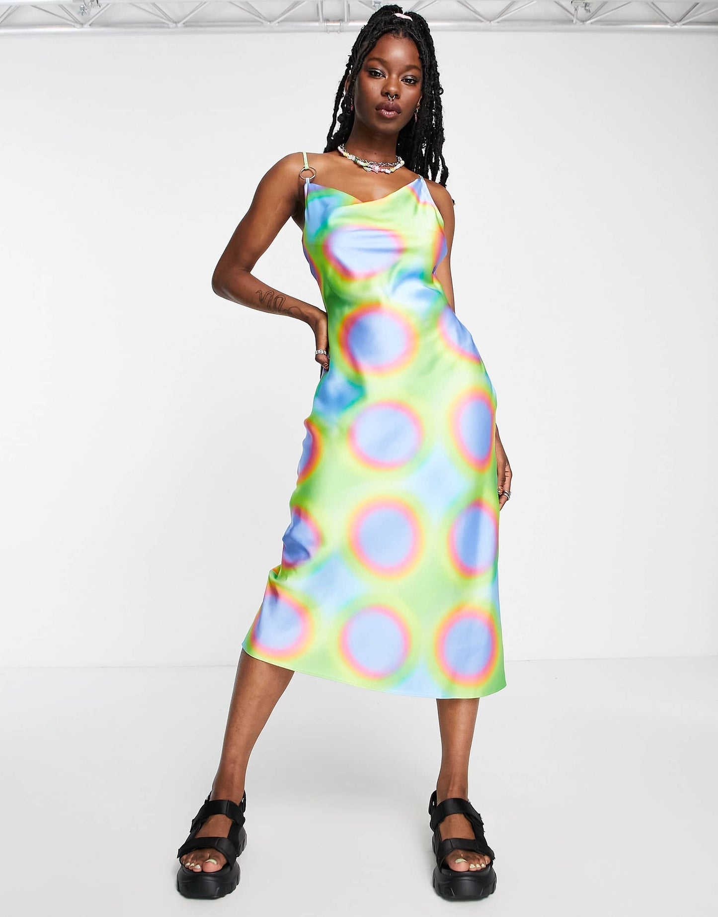 COLLUSION cowl neck metal ring detail printed satin maxi slip dress in multi