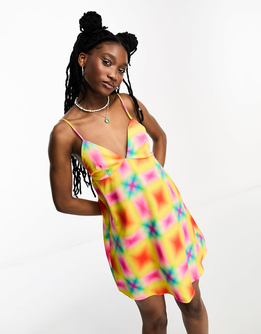 COLLUSION mini printed satin  summer slip dress in multi