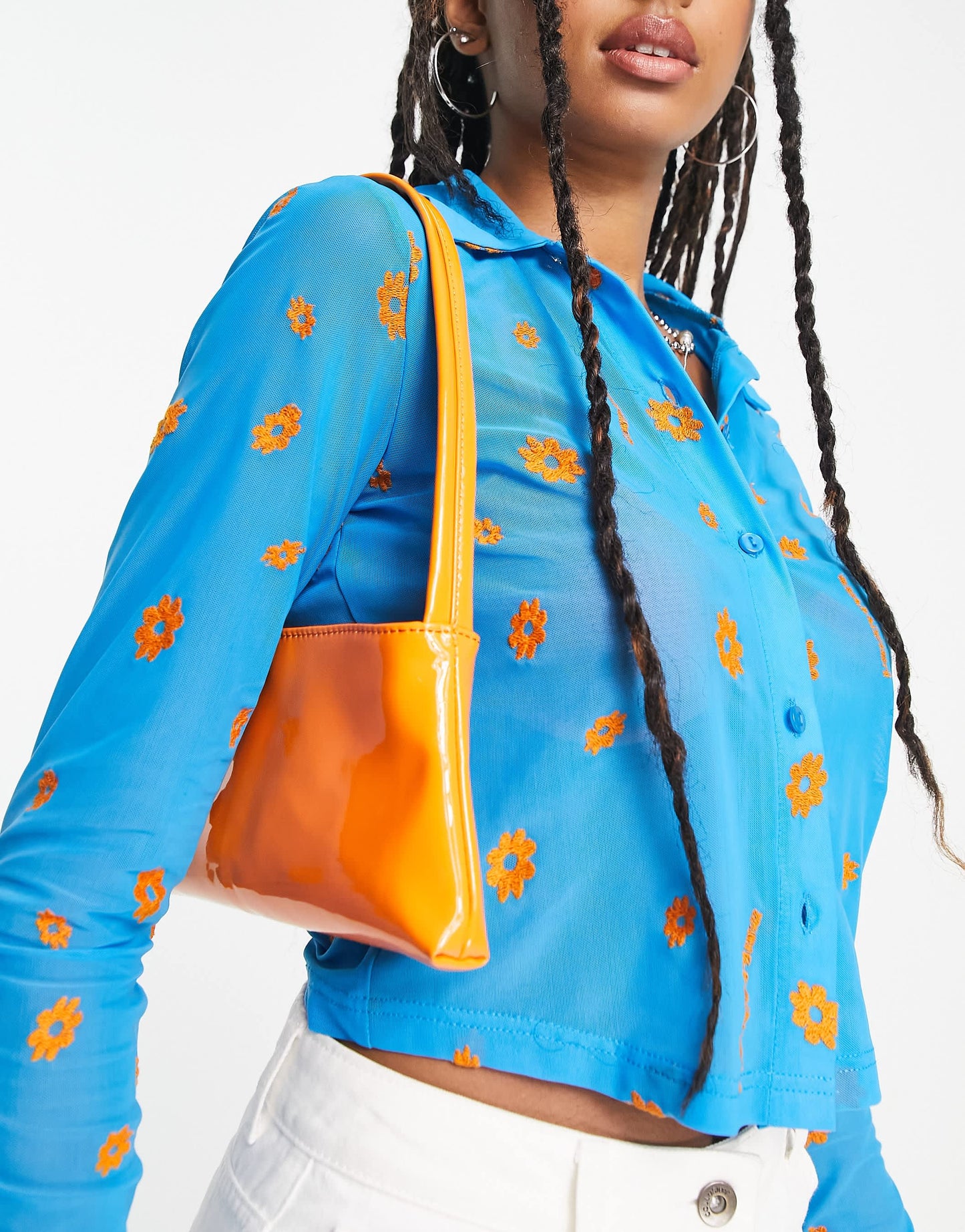 COLLUSION flower embroidered mesh shirt in blue