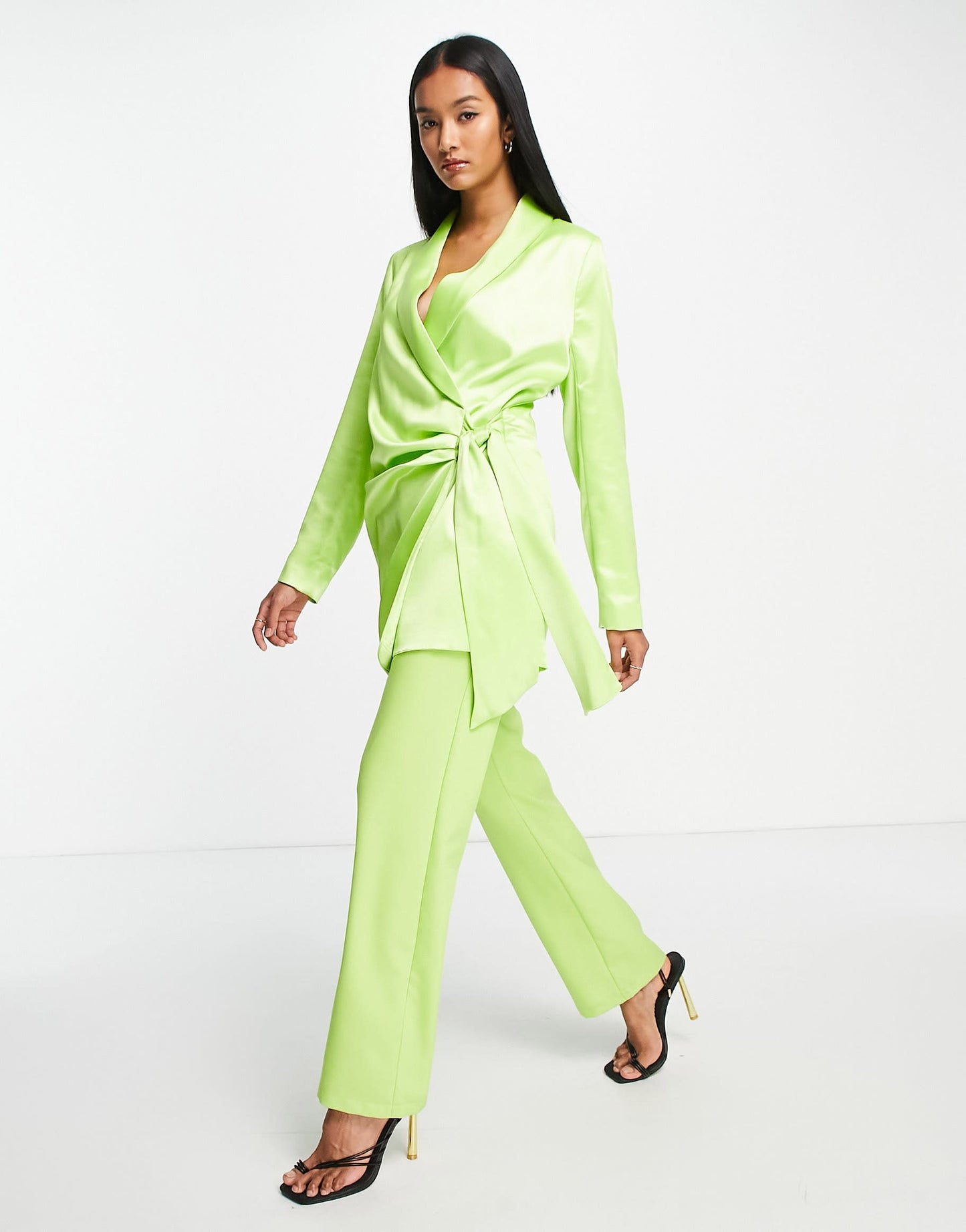 River Island co-ord satin belted blazer dress in green